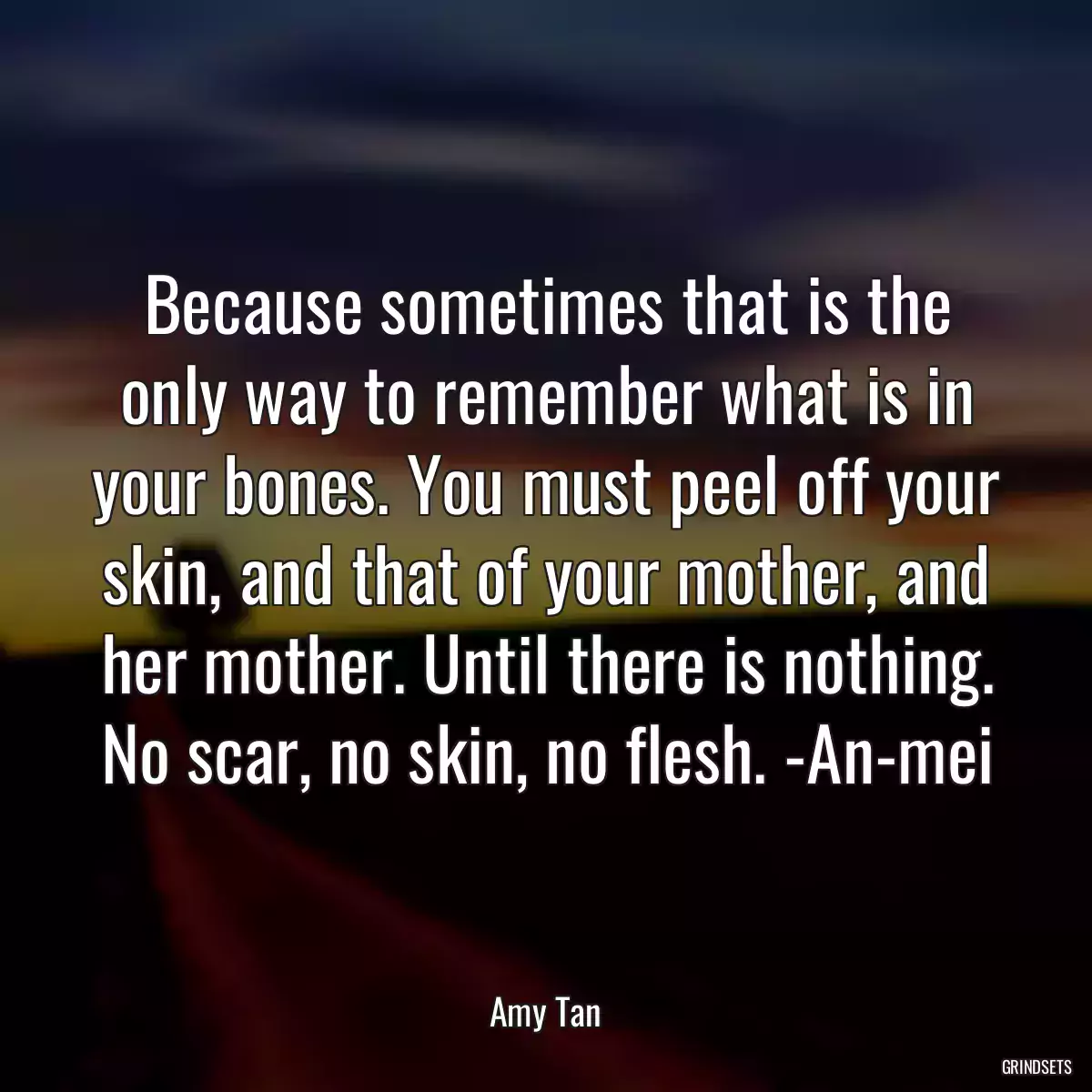 Because sometimes that is the only way to remember what is in your bones. You must peel off your skin, and that of your mother, and her mother. Until there is nothing. No scar, no skin, no flesh. -An-mei