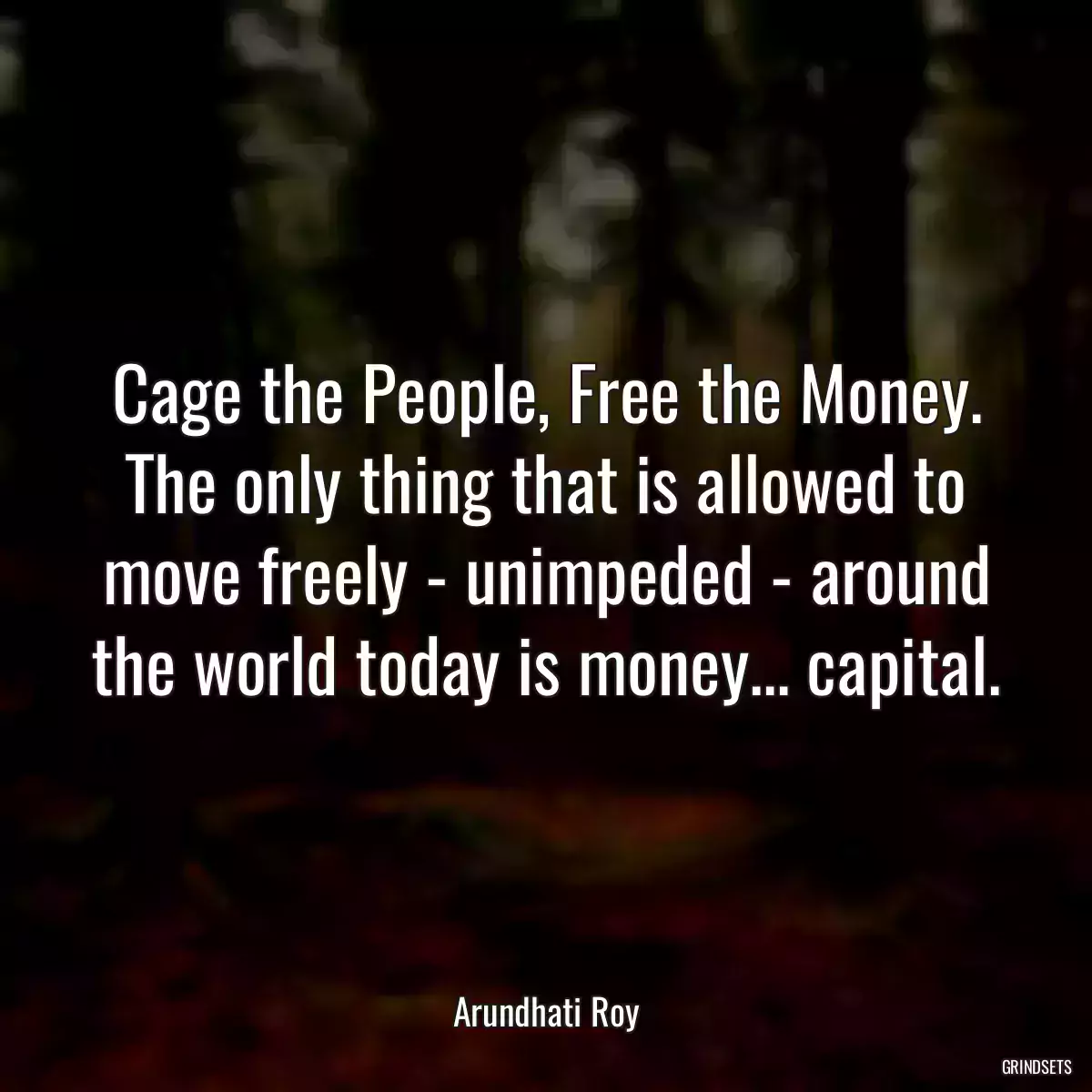 Cage the People, Free the Money. The only thing that is allowed to move freely - unimpeded - around the world today is money... capital.