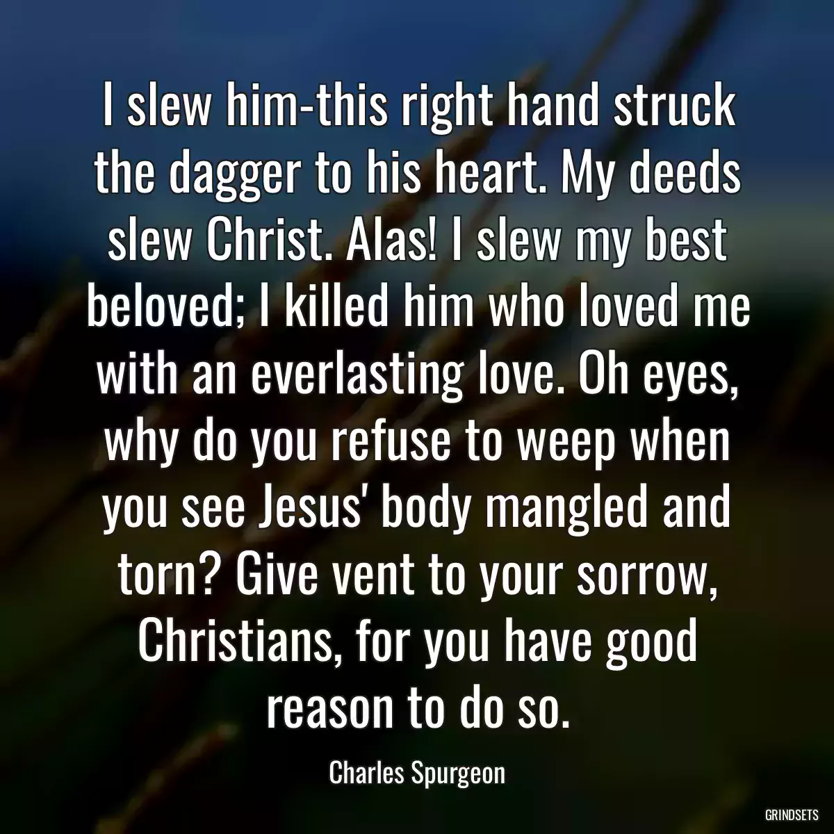 I slew him-this right hand struck the dagger to his heart. My deeds slew Christ. Alas! I slew my best beloved; I killed him who loved me with an everlasting love. Oh eyes, why do you refuse to weep when you see Jesus\' body mangled and torn? Give vent to your sorrow, Christians, for you have good reason to do so.