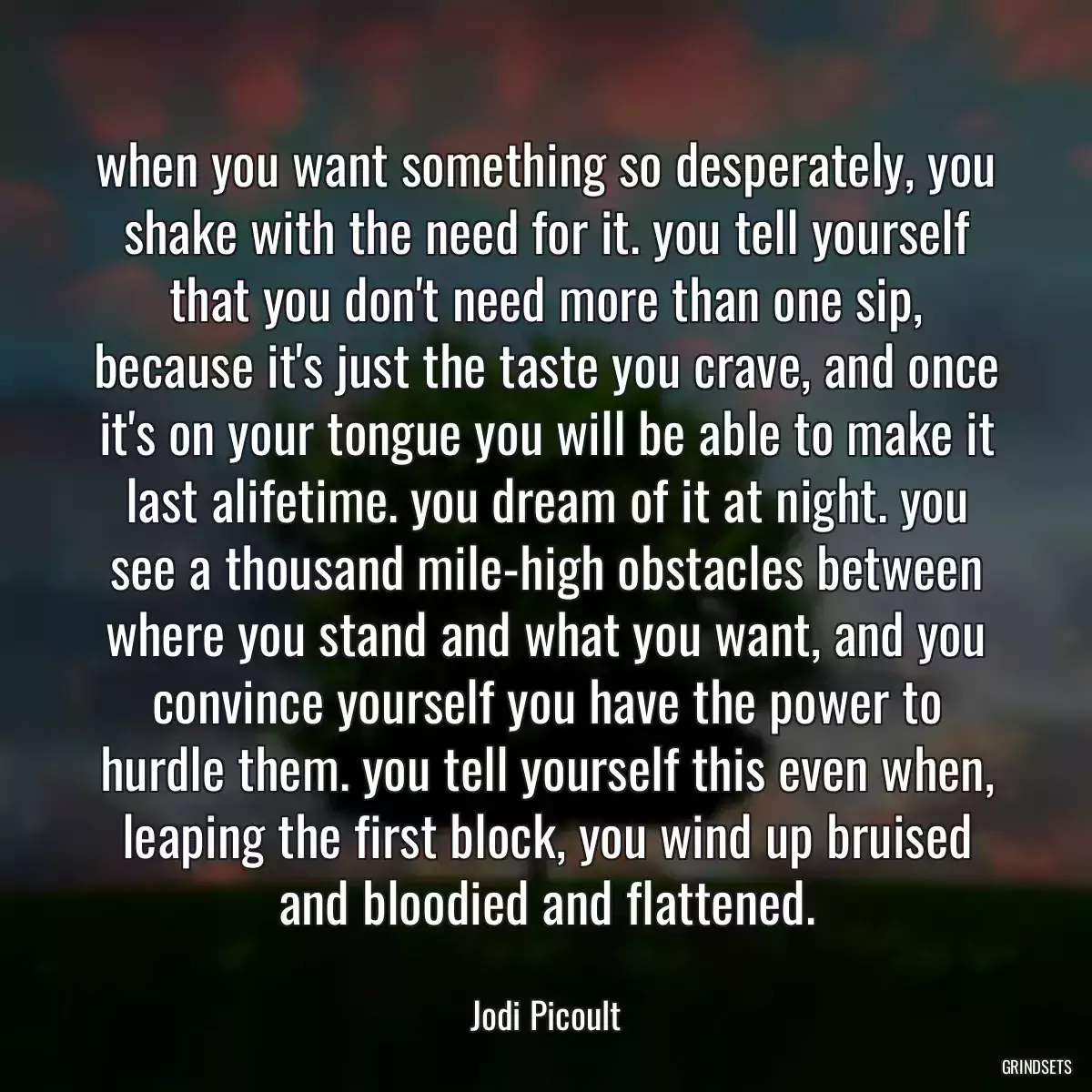 when you want something so desperately, you shake with the need for it. you tell yourself that you don\'t need more than one sip, because it\'s just the taste you crave, and once it\'s on your tongue you will be able to make it last alifetime. you dream of it at night. you see a thousand mile-high obstacles between where you stand and what you want, and you convince yourself you have the power to hurdle them. you tell yourself this even when, leaping the first block, you wind up bruised and bloodied and flattened.