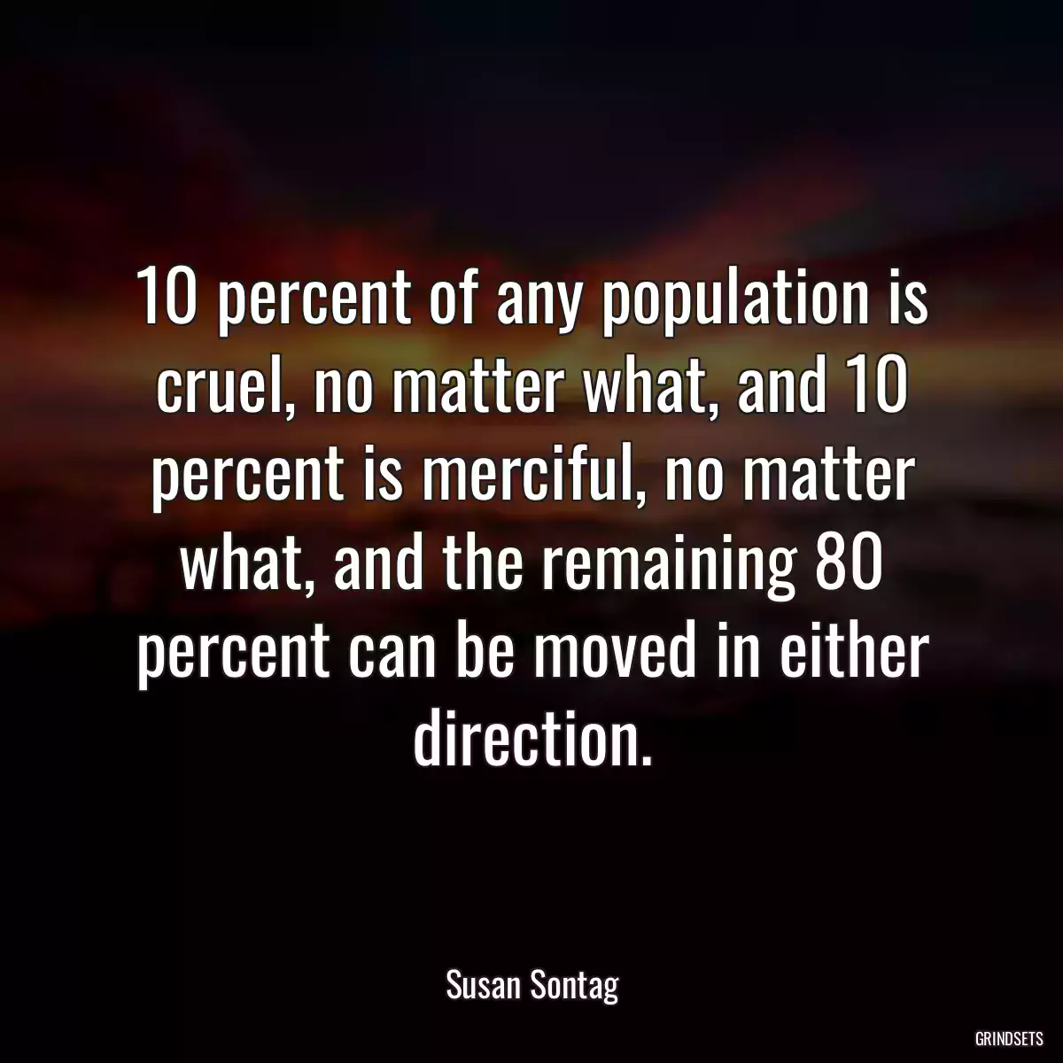 10 percent of any population is cruel, no matter what, and 10 percent is merciful, no matter what, and the remaining 80 percent can be moved in either direction.