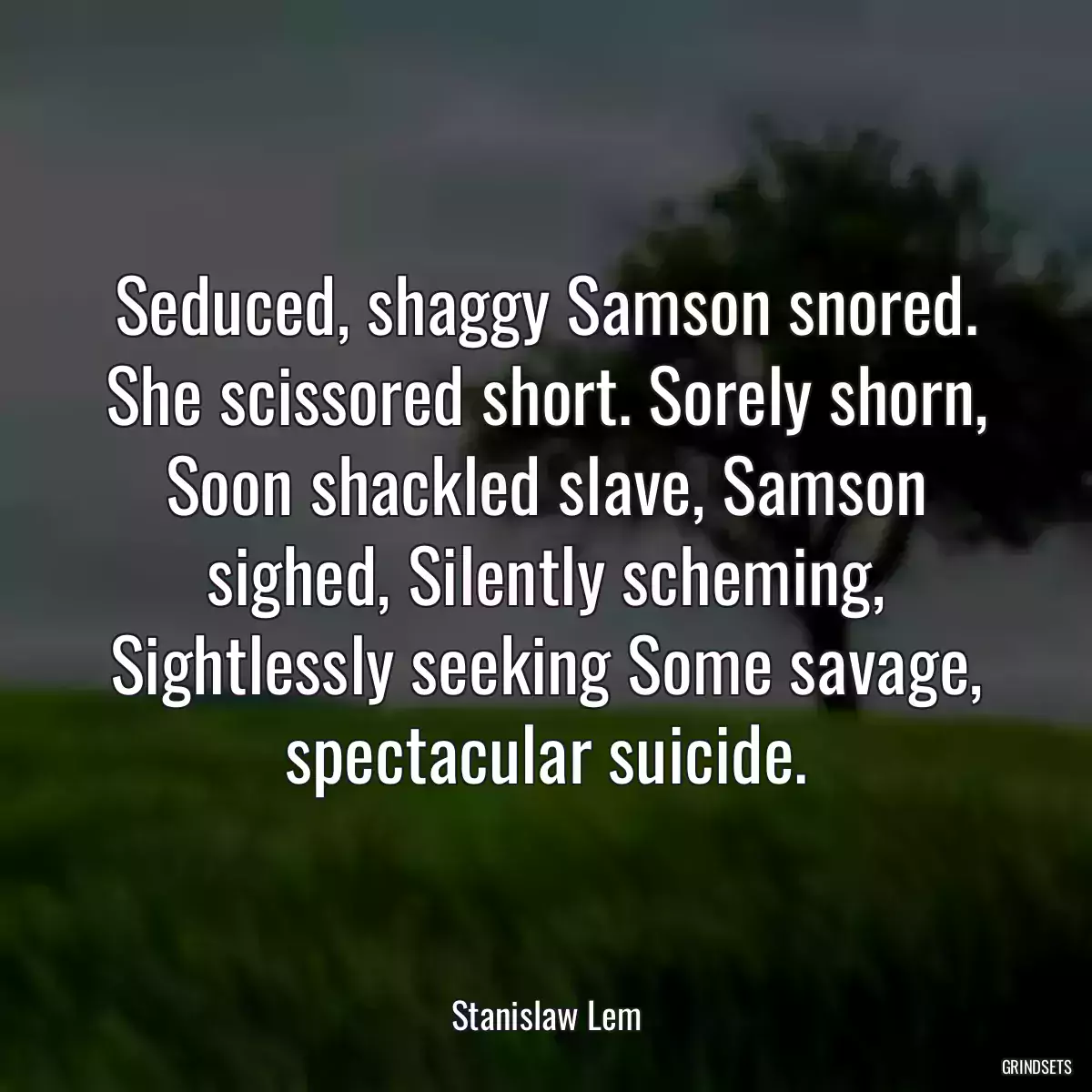 Seduced, shaggy Samson snored. She scissored short. Sorely shorn, Soon shackled slave, Samson sighed, Silently scheming, Sightlessly seeking Some savage, spectacular suicide.