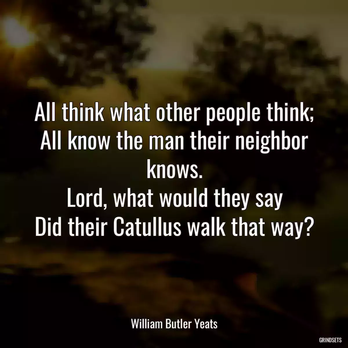 All think what other people think;
All know the man their neighbor knows.
Lord, what would they say
Did their Catullus walk that way?