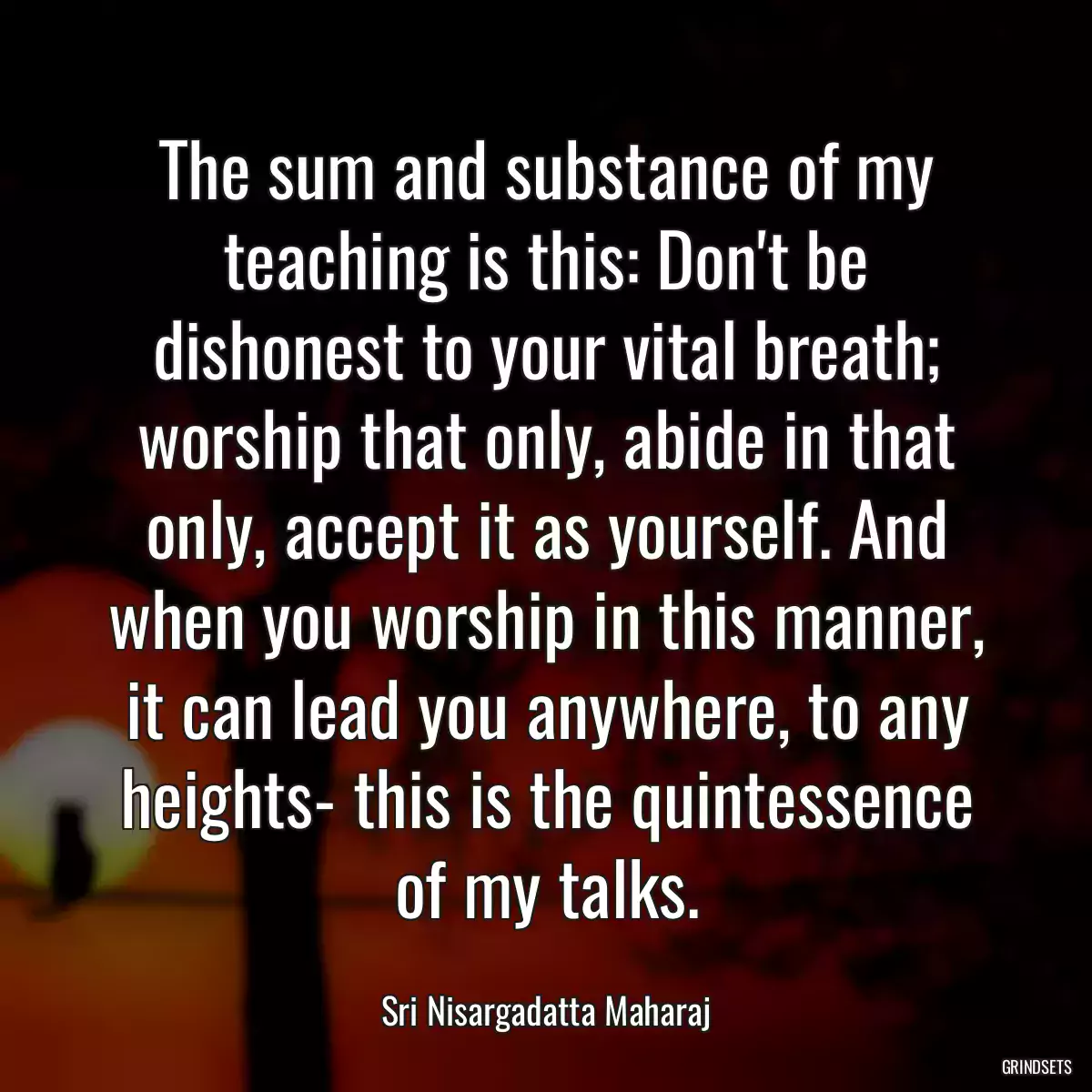 The sum and substance of my teaching is this: Don\'t be dishonest to your vital breath; worship that only, abide in that only, accept it as yourself. And when you worship in this manner, it can lead you anywhere, to any heights- this is the quintessence of my talks.