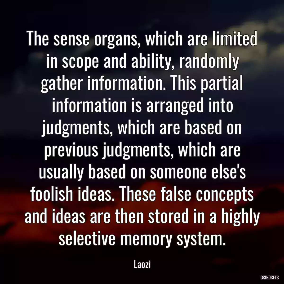 The sense organs, which are limited in scope and ability, randomly gather information. This partial information is arranged into judgments, which are based on previous judgments, which are usually based on someone else\'s foolish ideas. These false concepts and ideas are then stored in a highly selective memory system.