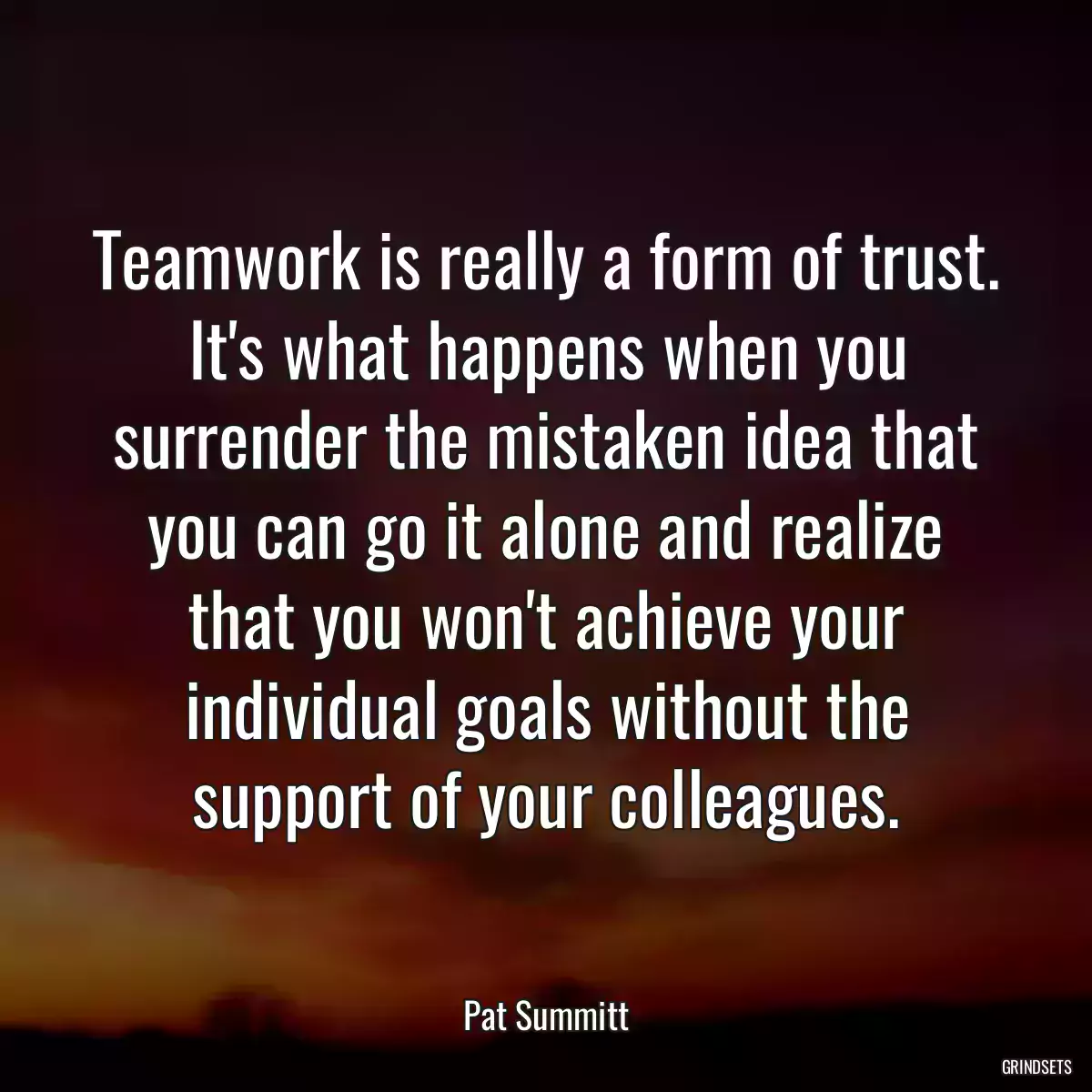 Teamwork is really a form of trust. It\'s what happens when you surrender the mistaken idea that you can go it alone and realize that you won\'t achieve your individual goals without the support of your colleagues.