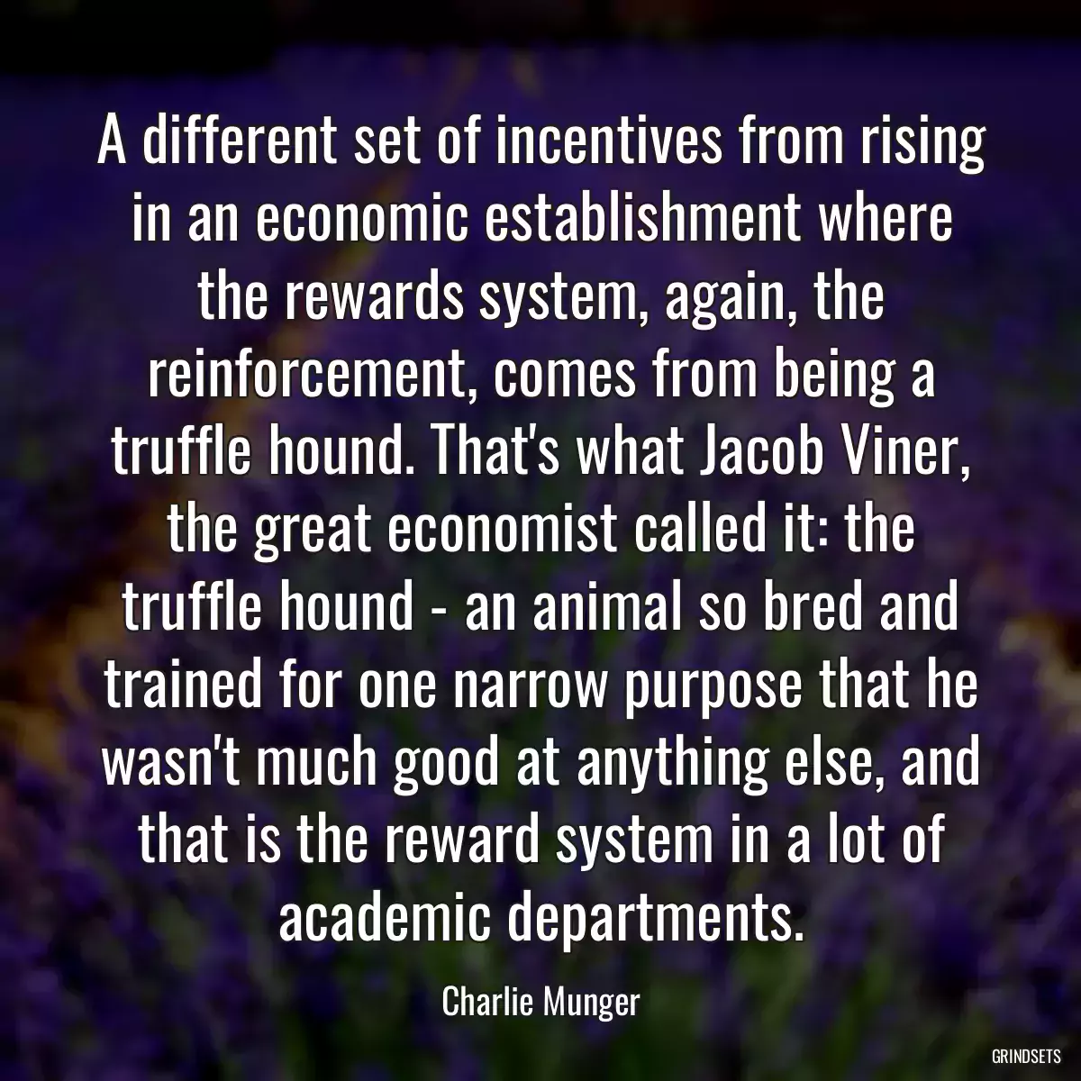 A different set of incentives from rising in an economic establishment where the rewards system, again, the reinforcement, comes from being a truffle hound. That\'s what Jacob Viner, the great economist called it: the truffle hound - an animal so bred and trained for one narrow purpose that he wasn\'t much good at anything else, and that is the reward system in a lot of academic departments.