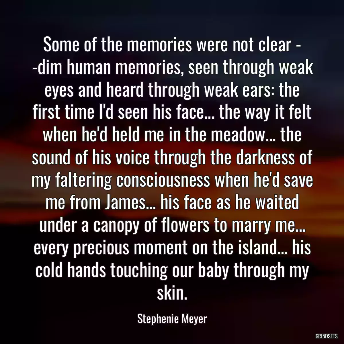 Some of the memories were not clear - -dim human memories, seen through weak eyes and heard through weak ears: the first time I\'d seen his face... the way it felt when he\'d held me in the meadow... the sound of his voice through the darkness of my faltering consciousness when he\'d save me from James... his face as he waited under a canopy of flowers to marry me... every precious moment on the island... his cold hands touching our baby through my skin.