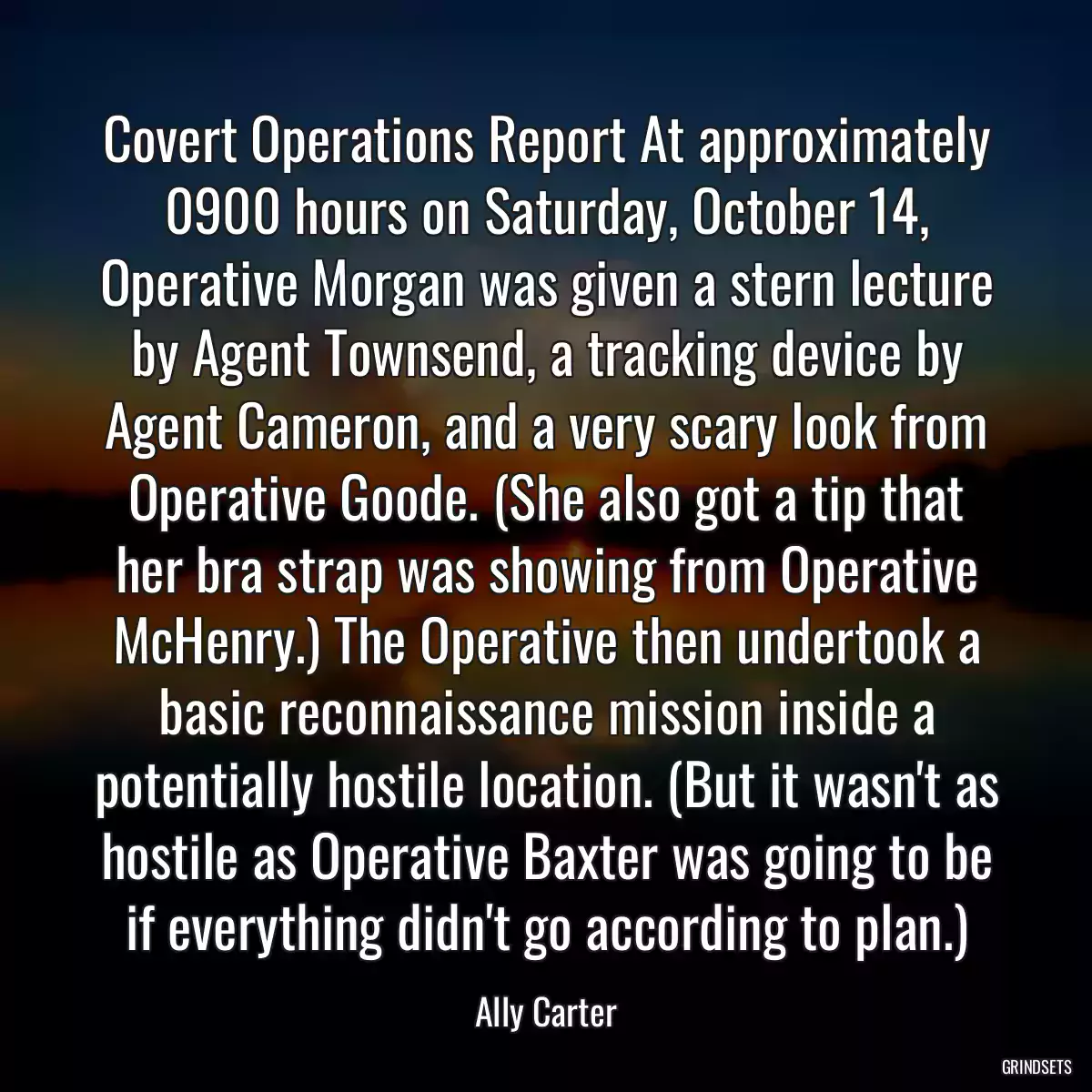 Covert Operations Report At approximately 0900 hours on Saturday, October 14, Operative Morgan was given a stern lecture by Agent Townsend, a tracking device by Agent Cameron, and a very scary look from Operative Goode. (She also got a tip that her bra strap was showing from Operative McHenry.) The Operative then undertook a basic reconnaissance mission inside a potentially hostile location. (But it wasn\'t as hostile as Operative Baxter was going to be if everything didn\'t go according to plan.)