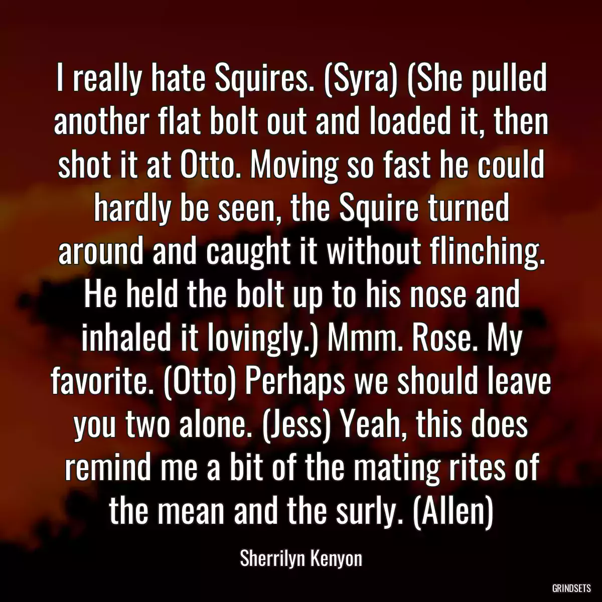 I really hate Squires. (Syra) (She pulled another flat bolt out and loaded it, then shot it at Otto. Moving so fast he could hardly be seen, the Squire turned around and caught it without flinching. He held the bolt up to his nose and inhaled it lovingly.) Mmm. Rose. My favorite. (Otto) Perhaps we should leave you two alone. (Jess) Yeah, this does remind me a bit of the mating rites of the mean and the surly. (Allen)