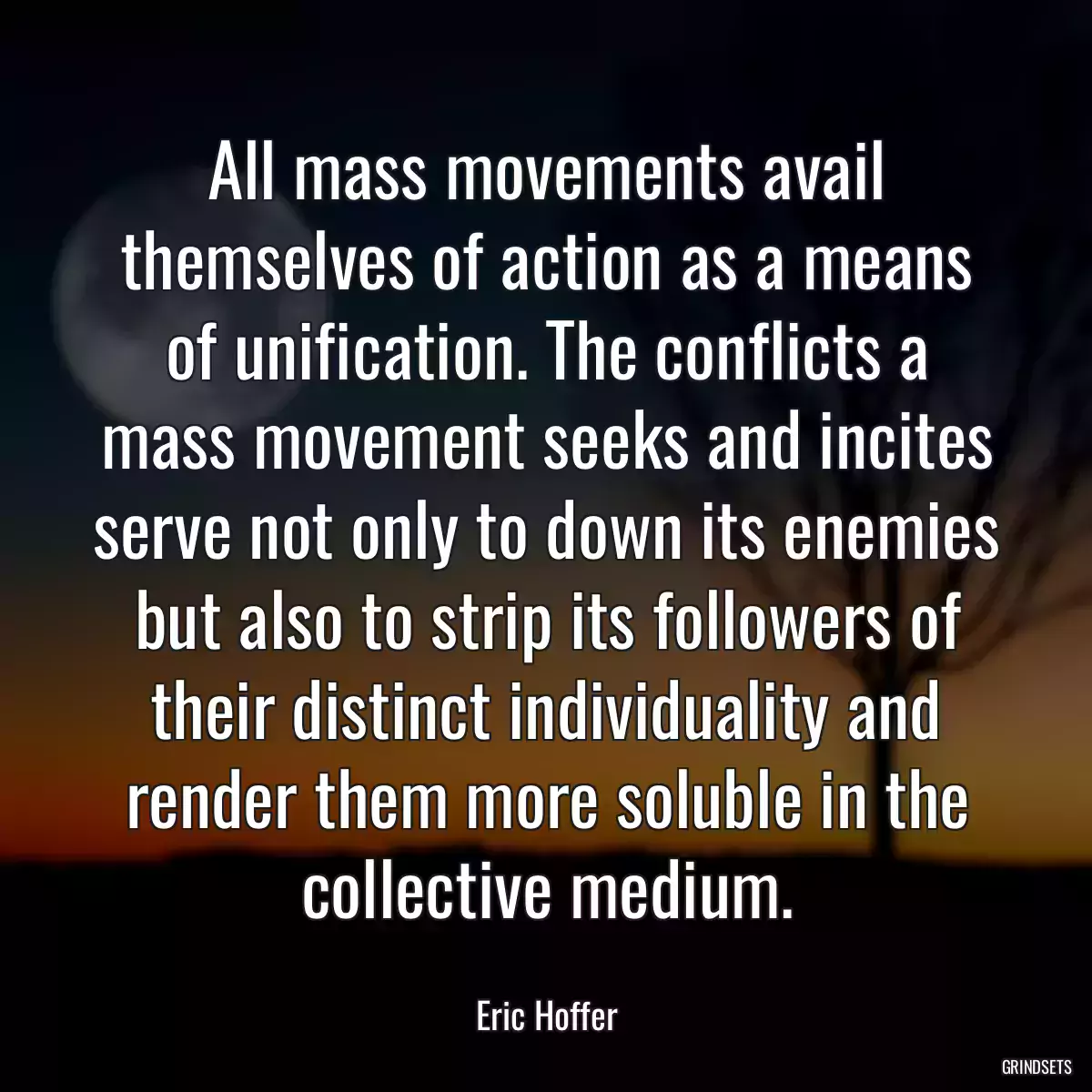 All mass movements avail themselves of action as a means of unification. The conflicts a mass movement seeks and incites serve not only to down its enemies but also to strip its followers of their distinct individuality and render them more soluble in the collective medium.