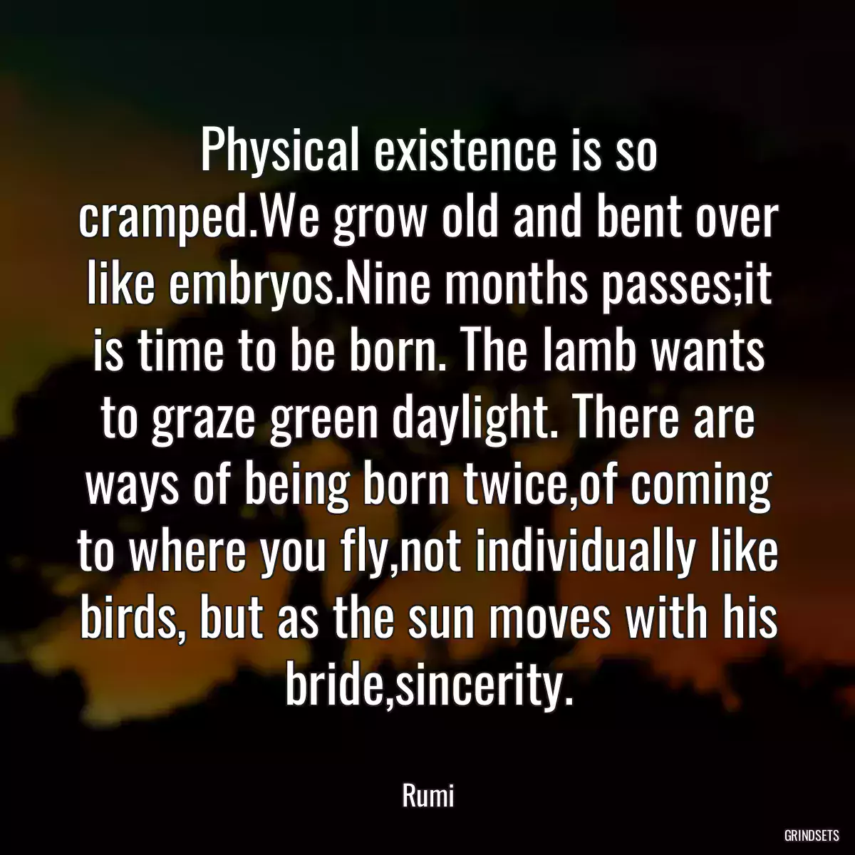 Physical existence is so cramped.We grow old and bent over like embryos.Nine months passes;it is time to be born. The lamb wants to graze green daylight. There are ways of being born twice,of coming to where you fly,not individually like birds, but as the sun moves with his bride,sincerity.