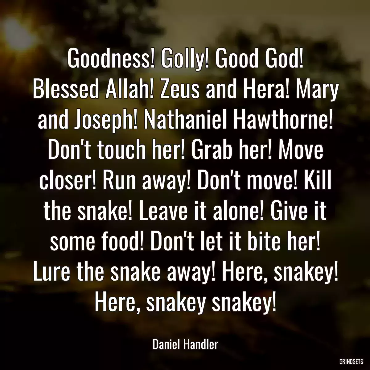 Goodness! Golly! Good God! Blessed Allah! Zeus and Hera! Mary and Joseph! Nathaniel Hawthorne! Don\'t touch her! Grab her! Move closer! Run away! Don\'t move! Kill the snake! Leave it alone! Give it some food! Don\'t let it bite her! Lure the snake away! Here, snakey! Here, snakey snakey!