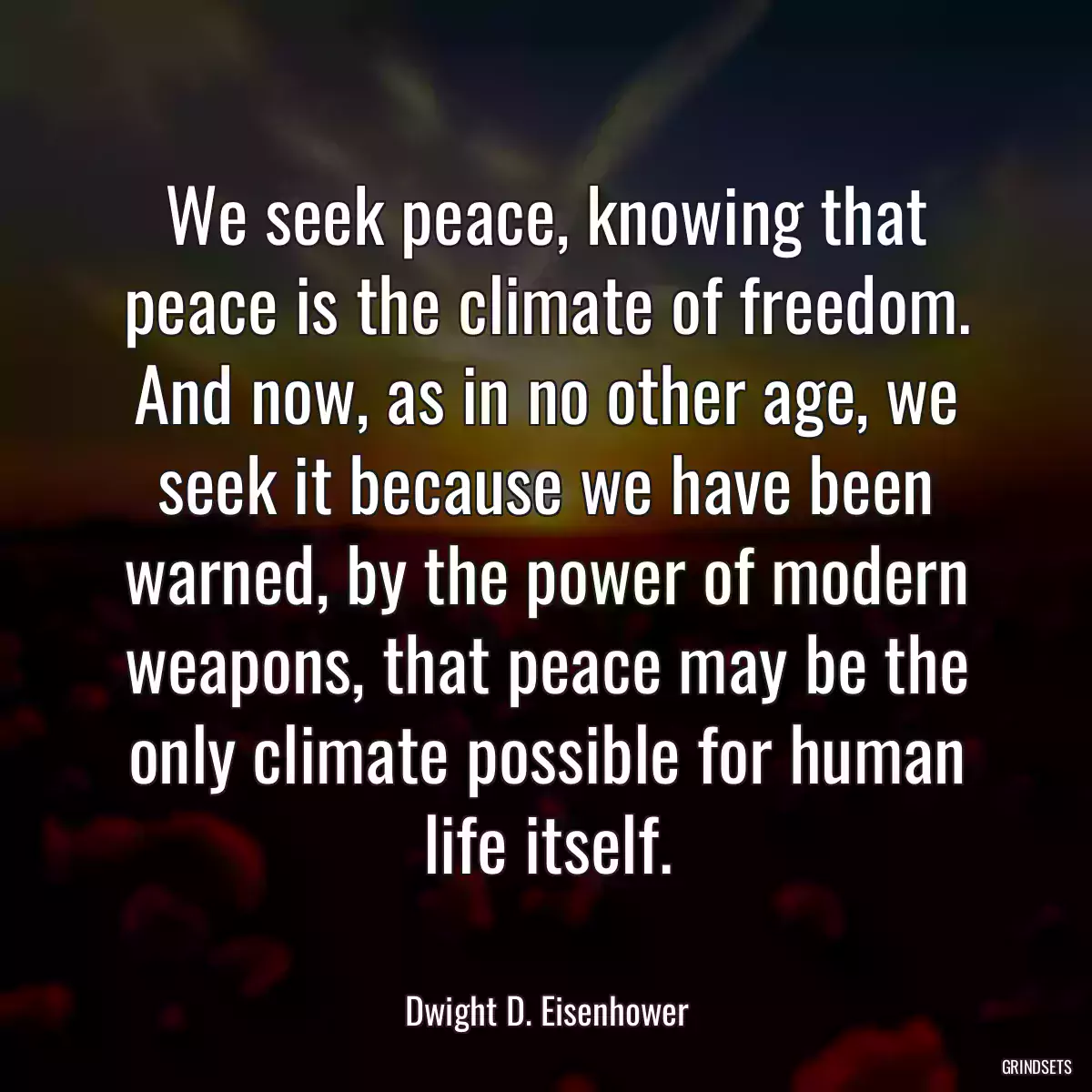 We seek peace, knowing that peace is the climate of freedom. And now, as in no other age, we seek it because we have been warned, by the power of modern weapons, that peace may be the only climate possible for human life itself.