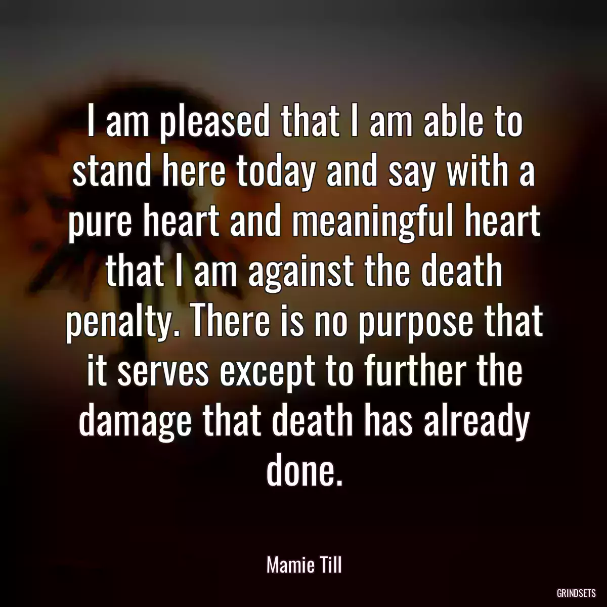 I am pleased that I am able to stand here today and say with a pure heart and meaningful heart that I am against the death penalty. There is no purpose that it serves except to further the damage that death has already done.