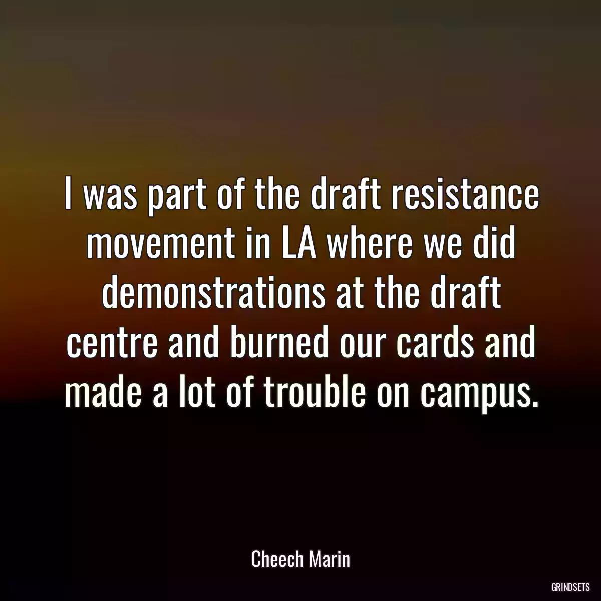 I was part of the draft resistance movement in LA where we did demonstrations at the draft centre and burned our cards and made a lot of trouble on campus.