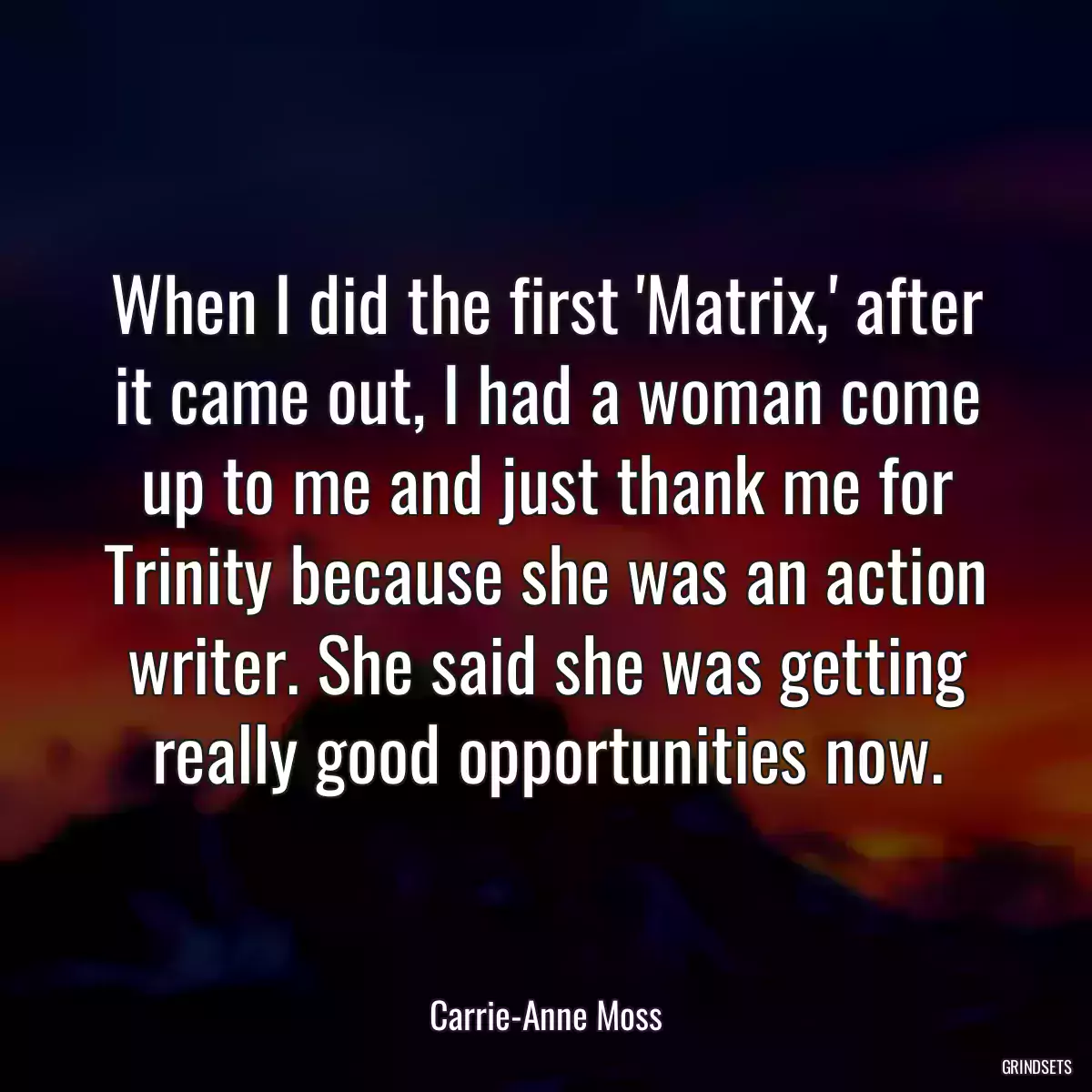 When I did the first \'Matrix,\' after it came out, I had a woman come up to me and just thank me for Trinity because she was an action writer. She said she was getting really good opportunities now.