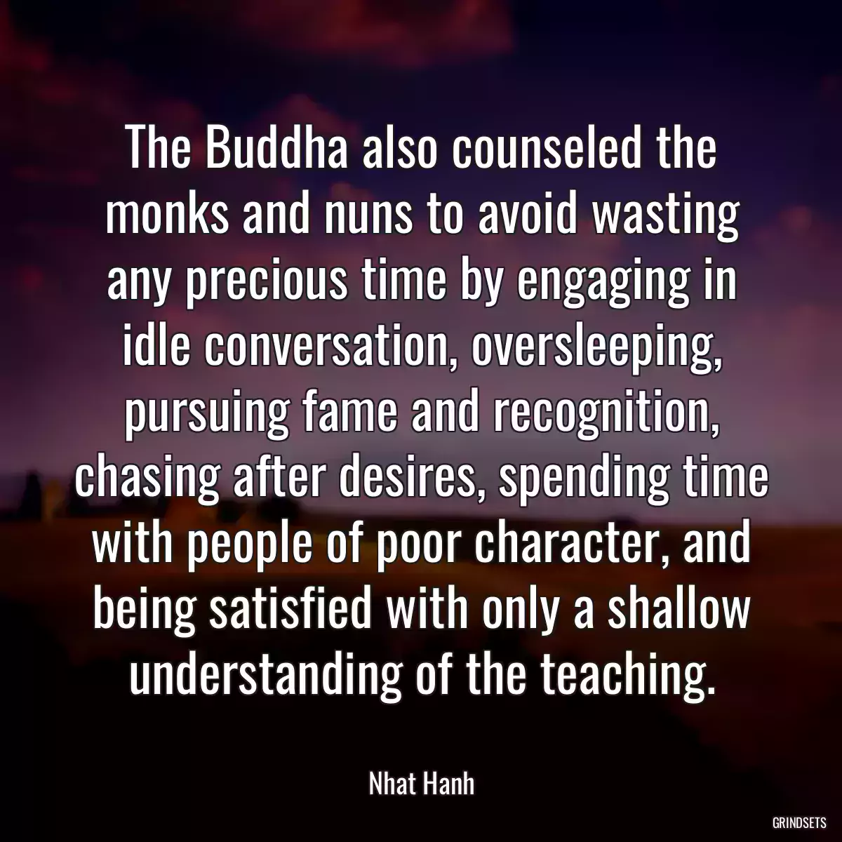 The Buddha also counseled the monks and nuns to avoid wasting any precious time by engaging in idle conversation, oversleeping, pursuing fame and recognition, chasing after desires, spending time with people of poor character, and being satisfied with only a shallow understanding of the teaching.