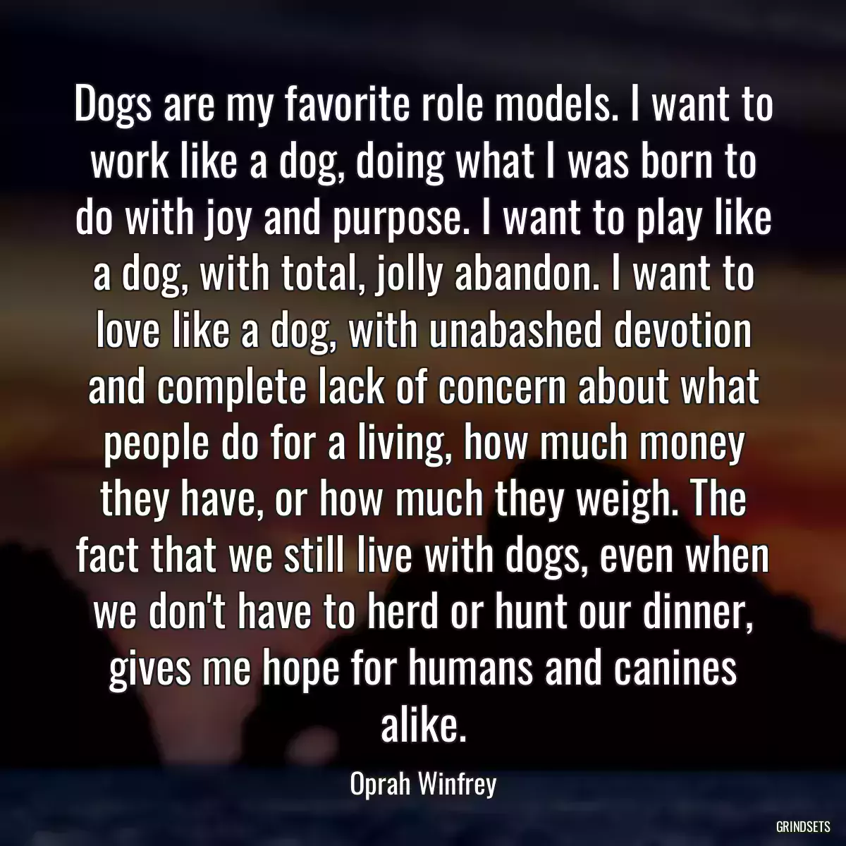 Dogs are my favorite role models. I want to work like a dog, doing what I was born to do with joy and purpose. I want to play like a dog, with total, jolly abandon. I want to love like a dog, with unabashed devotion and complete lack of concern about what people do for a living, how much money they have, or how much they weigh. The fact that we still live with dogs, even when we don\'t have to herd or hunt our dinner, gives me hope for humans and canines alike.