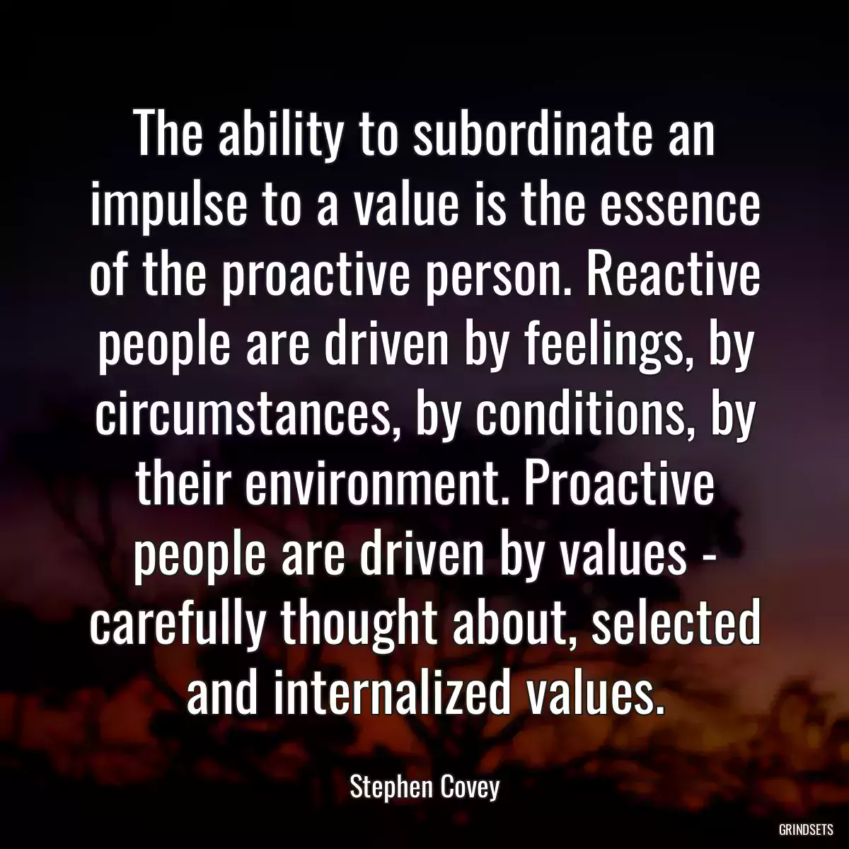 The ability to subordinate an impulse to a value is the essence of the proactive person. Reactive people are driven by feelings, by circumstances, by conditions, by their environment. Proactive people are driven by values - carefully thought about, selected and internalized values.