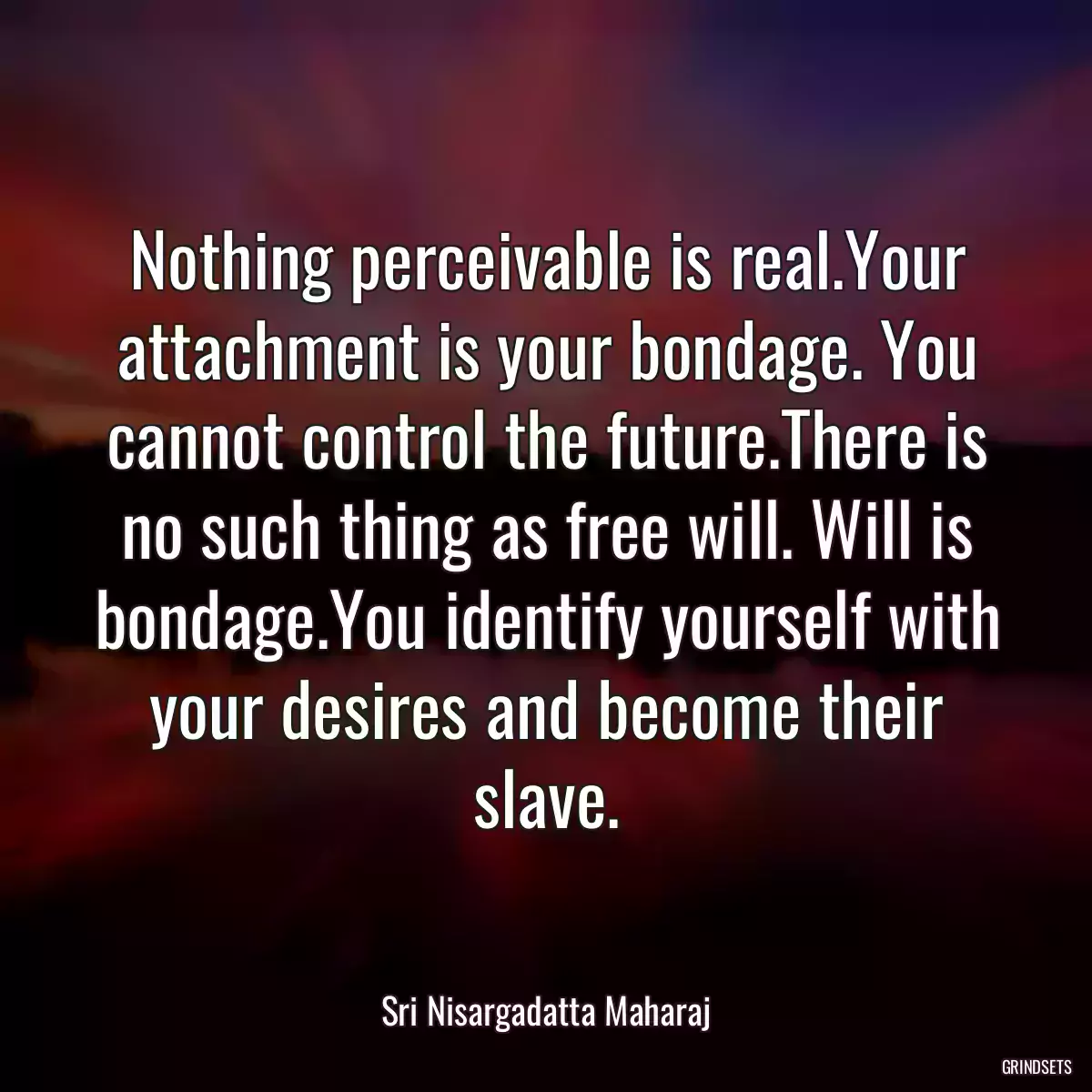 Nothing perceivable is real.Your attachment is your bondage. You cannot control the future.There is no such thing as free will. Will is bondage.You identify yourself with your desires and become their slave.