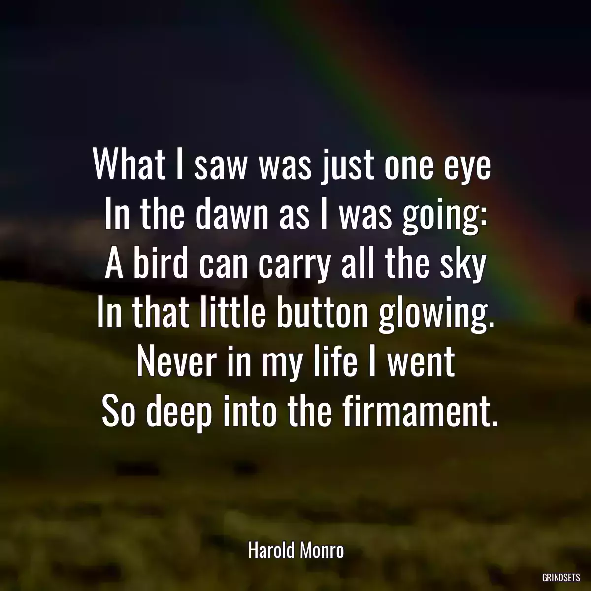 What I saw was just one eye 
 In the dawn as I was going: 
 A bird can carry all the sky 
 In that little button glowing. 
 Never in my life I went 
 So deep into the firmament.