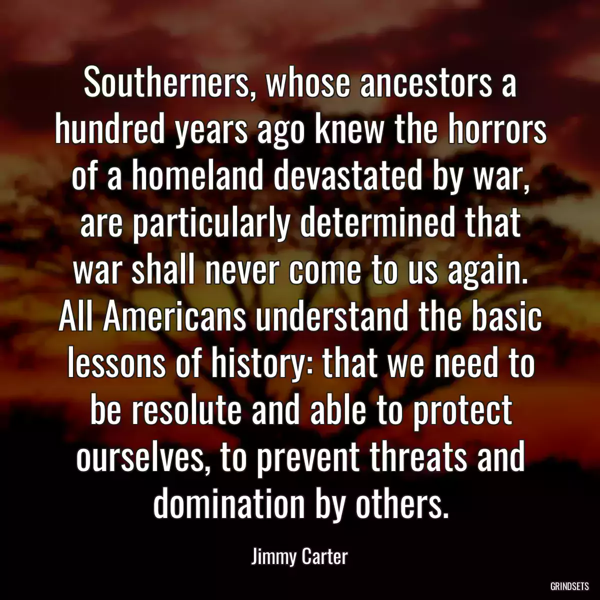 Southerners, whose ancestors a hundred years ago knew the horrors of a homeland devastated by war, are particularly determined that war shall never come to us again. All Americans understand the basic lessons of history: that we need to be resolute and able to protect ourselves, to prevent threats and domination by others.