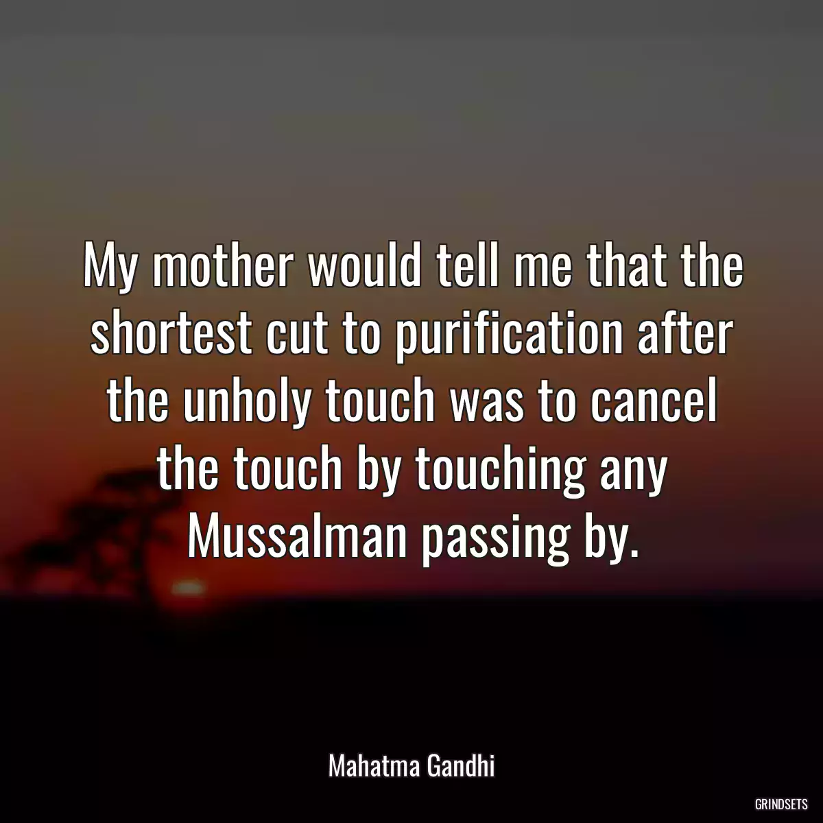 My mother would tell me that the shortest cut to purification after the unholy touch was to cancel the touch by touching any Mussalman passing by.