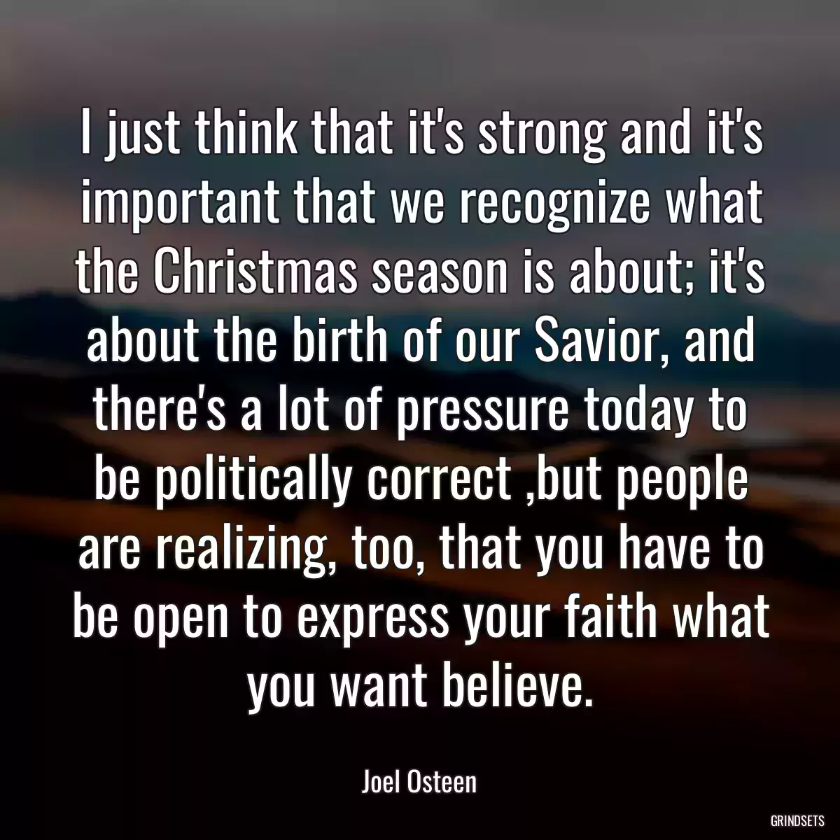 I just think that it\'s strong and it\'s important that we recognize what the Christmas season is about; it\'s about the birth of our Savior, and there\'s a lot of pressure today to be politically correct ,but people are realizing, too, that you have to be open to express your faith what you want believe.