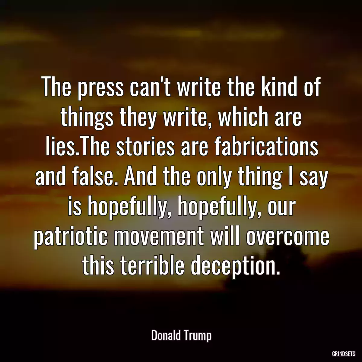 The press can\'t write the kind of things they write, which are lies.The stories are fabrications and false. And the only thing I say is hopefully, hopefully, our patriotic movement will overcome this terrible deception.