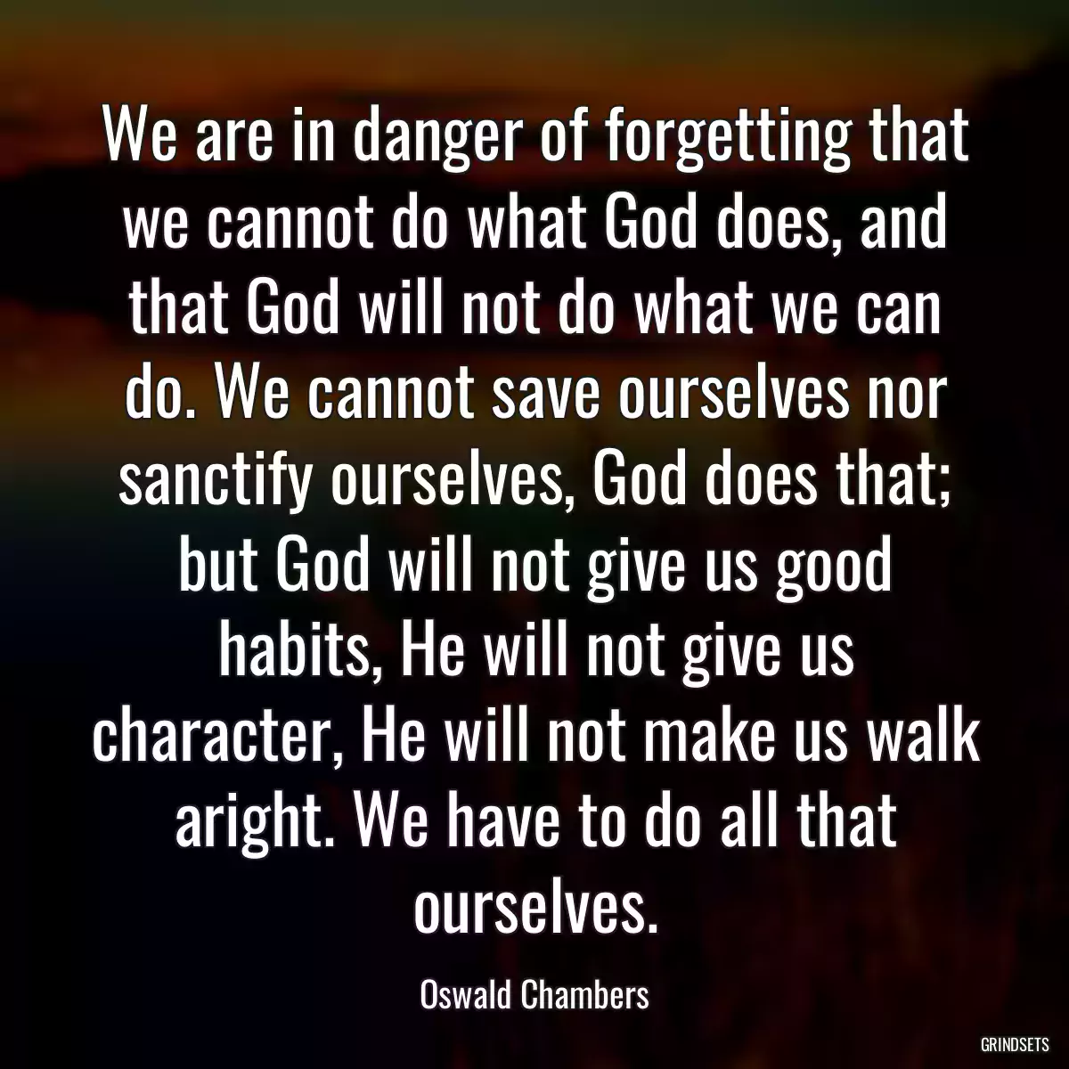 We are in danger of forgetting that we cannot do what God does, and that God will not do what we can do. We cannot save ourselves nor sanctify ourselves, God does that; but God will not give us good habits, He will not give us character, He will not make us walk aright. We have to do all that ourselves.