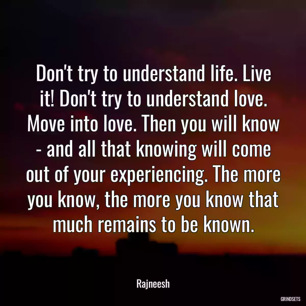 Don\'t try to understand life. Live it! Don\'t try to understand love. Move into love. Then you will know - and all that knowing will come out of your experiencing. The more you know, the more you know that much remains to be known.