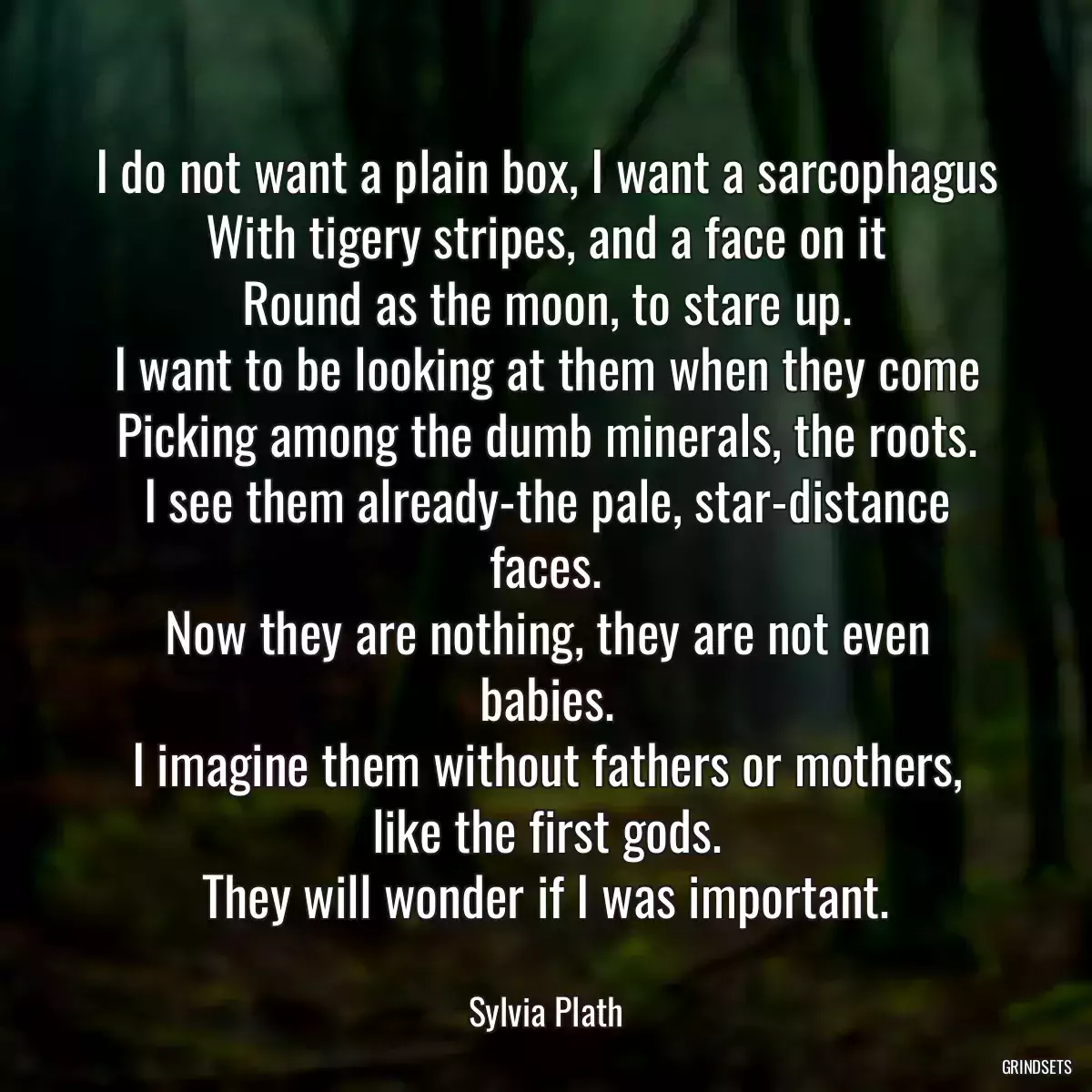 I do not want a plain box, I want a sarcophagus
With tigery stripes, and a face on it
Round as the moon, to stare up.
I want to be looking at them when they come
Picking among the dumb minerals, the roots.
I see them already-the pale, star-distance faces.
Now they are nothing, they are not even babies.
I imagine them without fathers or mothers, like the first gods.
They will wonder if I was important.