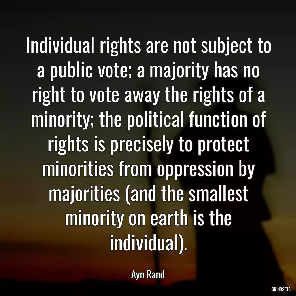 Individual rights are not subject to a public vote; a majority has no right to vote away the rights of a minority; the political function of rights is precisely to protect minorities from oppression by majorities (and the smallest minority on earth is the individual).