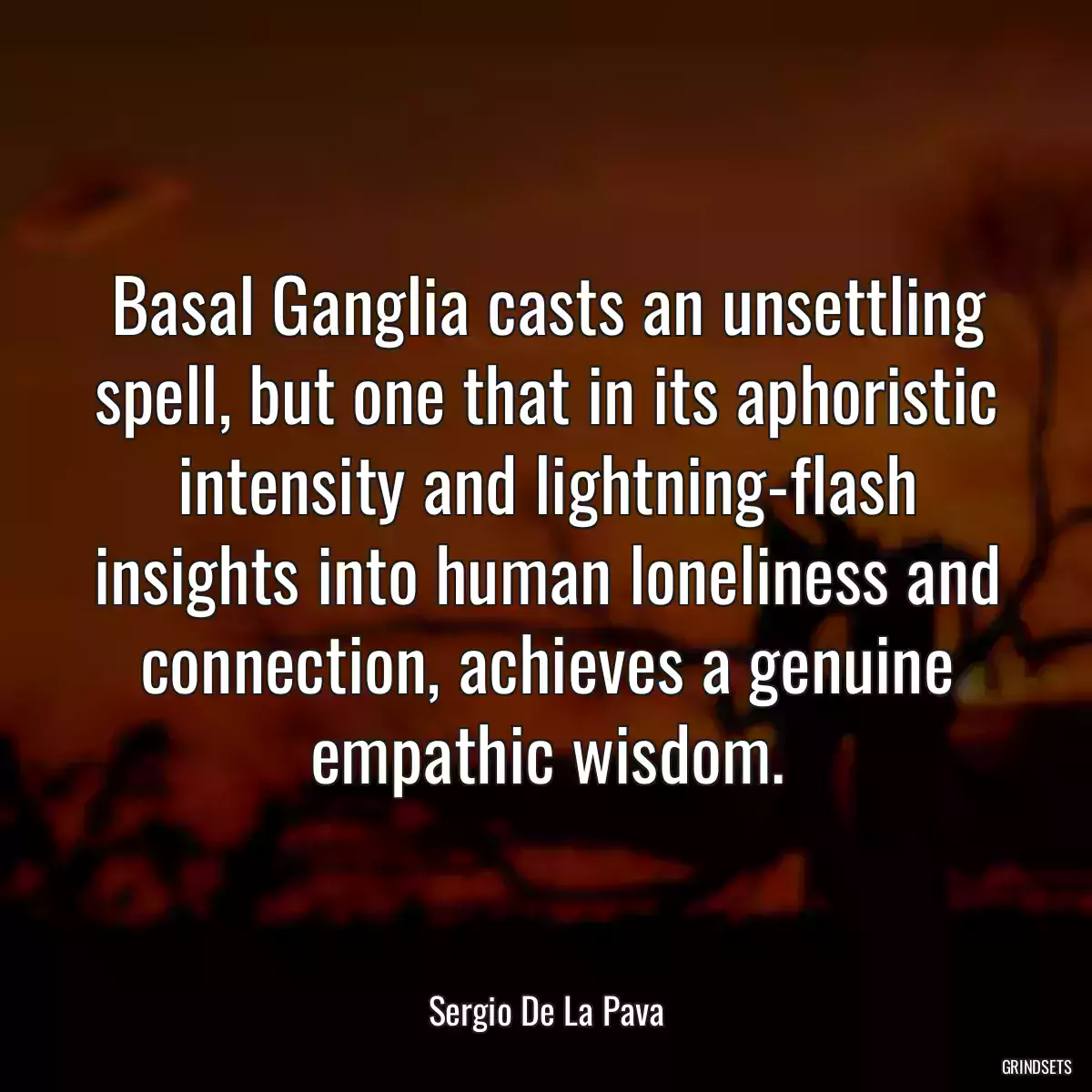 Basal Ganglia casts an unsettling spell, but one that in its aphoristic intensity and lightning-flash insights into human loneliness and connection, achieves a genuine empathic wisdom.