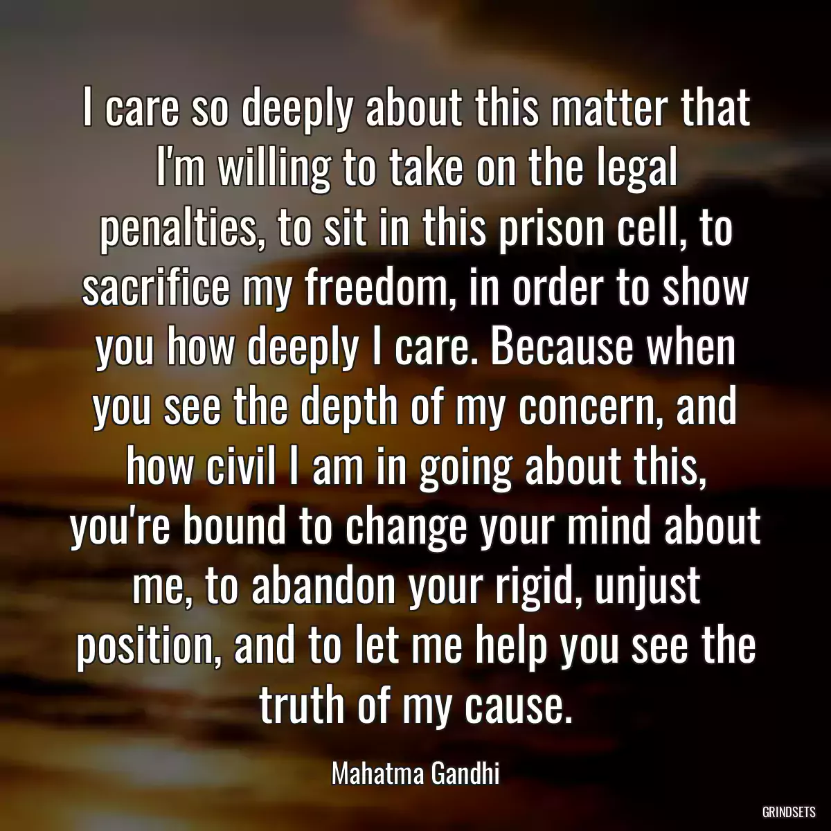 I care so deeply about this matter that I\'m willing to take on the legal penalties, to sit in this prison cell, to sacrifice my freedom, in order to show you how deeply I care. Because when you see the depth of my concern, and how civil I am in going about this, you\'re bound to change your mind about me, to abandon your rigid, unjust position, and to let me help you see the truth of my cause.