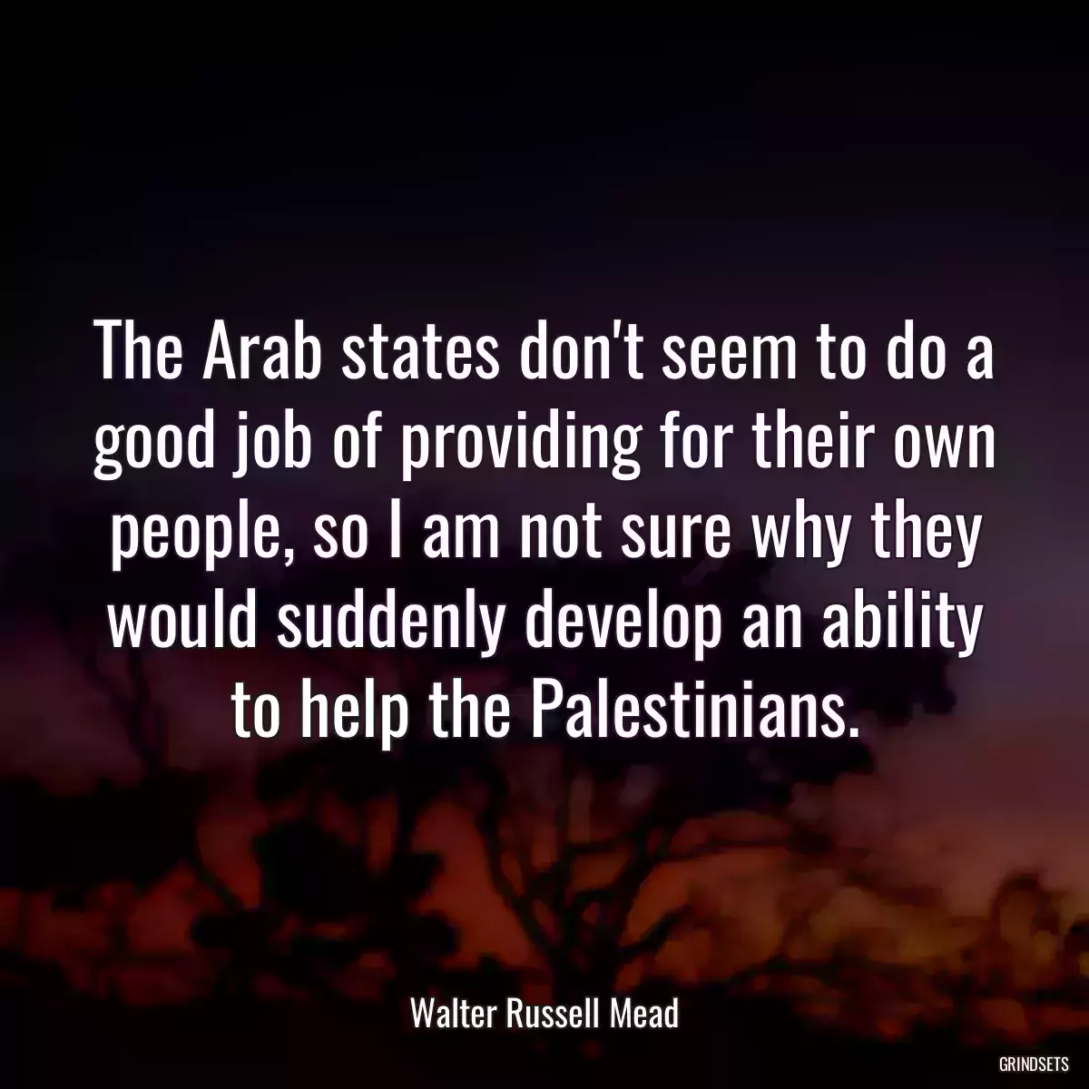 The Arab states don\'t seem to do a good job of providing for their own people, so I am not sure why they would suddenly develop an ability to help the Palestinians.