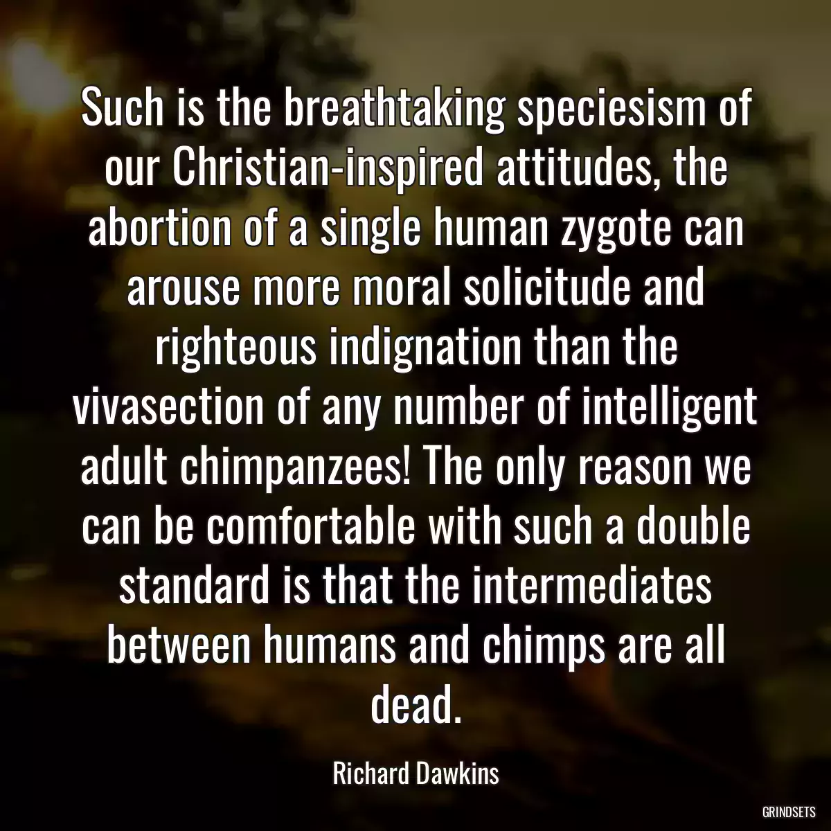 Such is the breathtaking speciesism of our Christian-inspired attitudes, the abortion of a single human zygote can arouse more moral solicitude and righteous indignation than the vivasection of any number of intelligent adult chimpanzees! The only reason we can be comfortable with such a double standard is that the intermediates between humans and chimps are all dead.