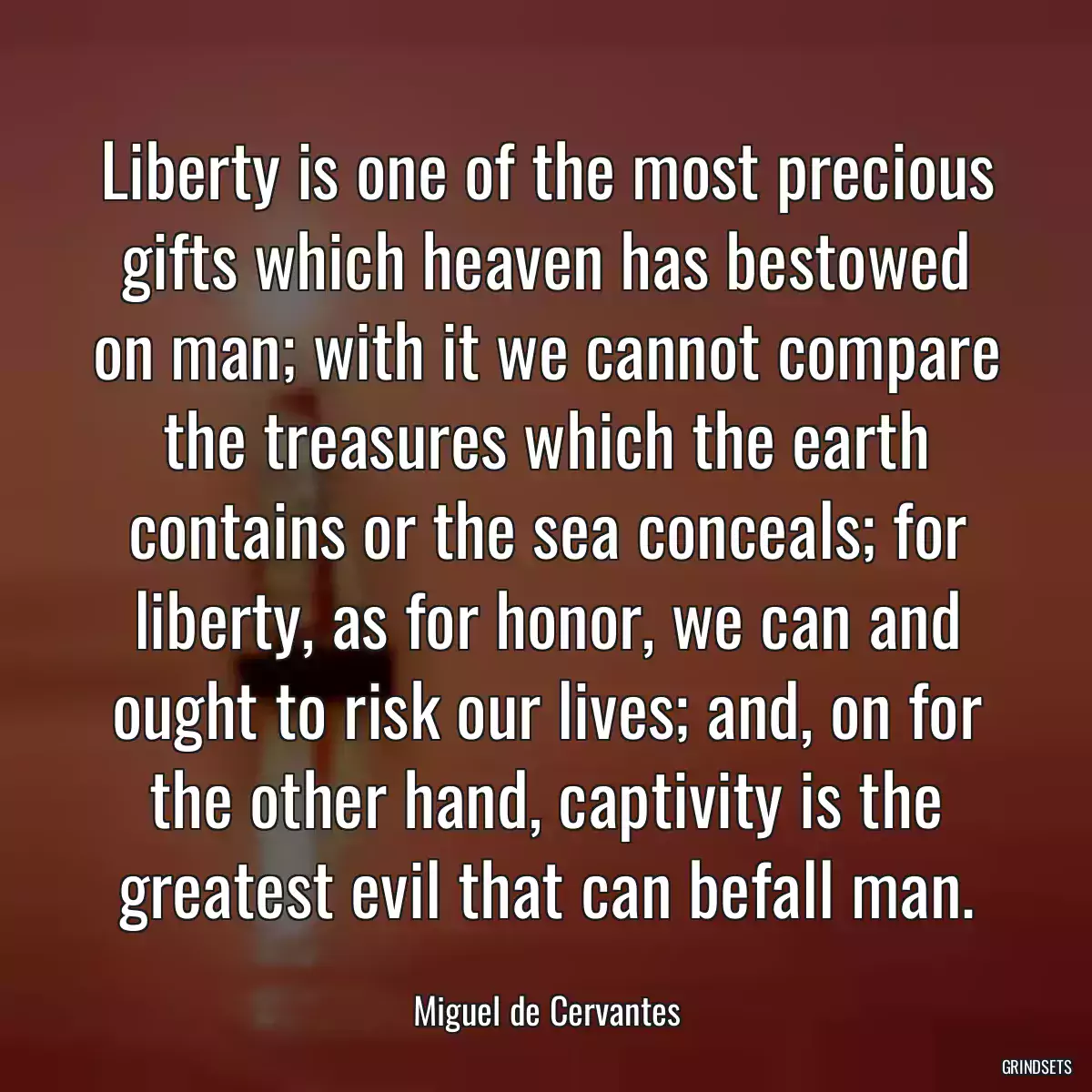 Liberty is one of the most precious gifts which heaven has bestowed on man; with it we cannot compare the treasures which the earth contains or the sea conceals; for liberty, as for honor, we can and ought to risk our lives; and, on for the other hand, captivity is the greatest evil that can befall man.