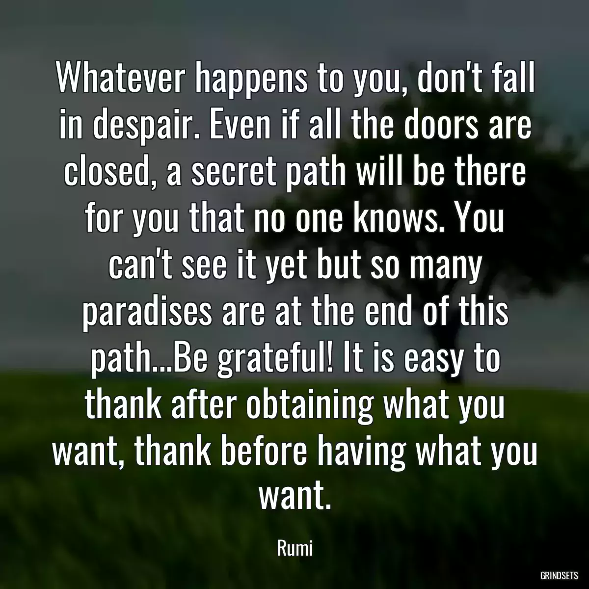 Whatever happens to you, don\'t fall in despair. Even if all the doors are closed, a secret path will be there for you that no one knows. You can\'t see it yet but so many paradises are at the end of this path...Be grateful! It is easy to thank after obtaining what you want, thank before having what you want.