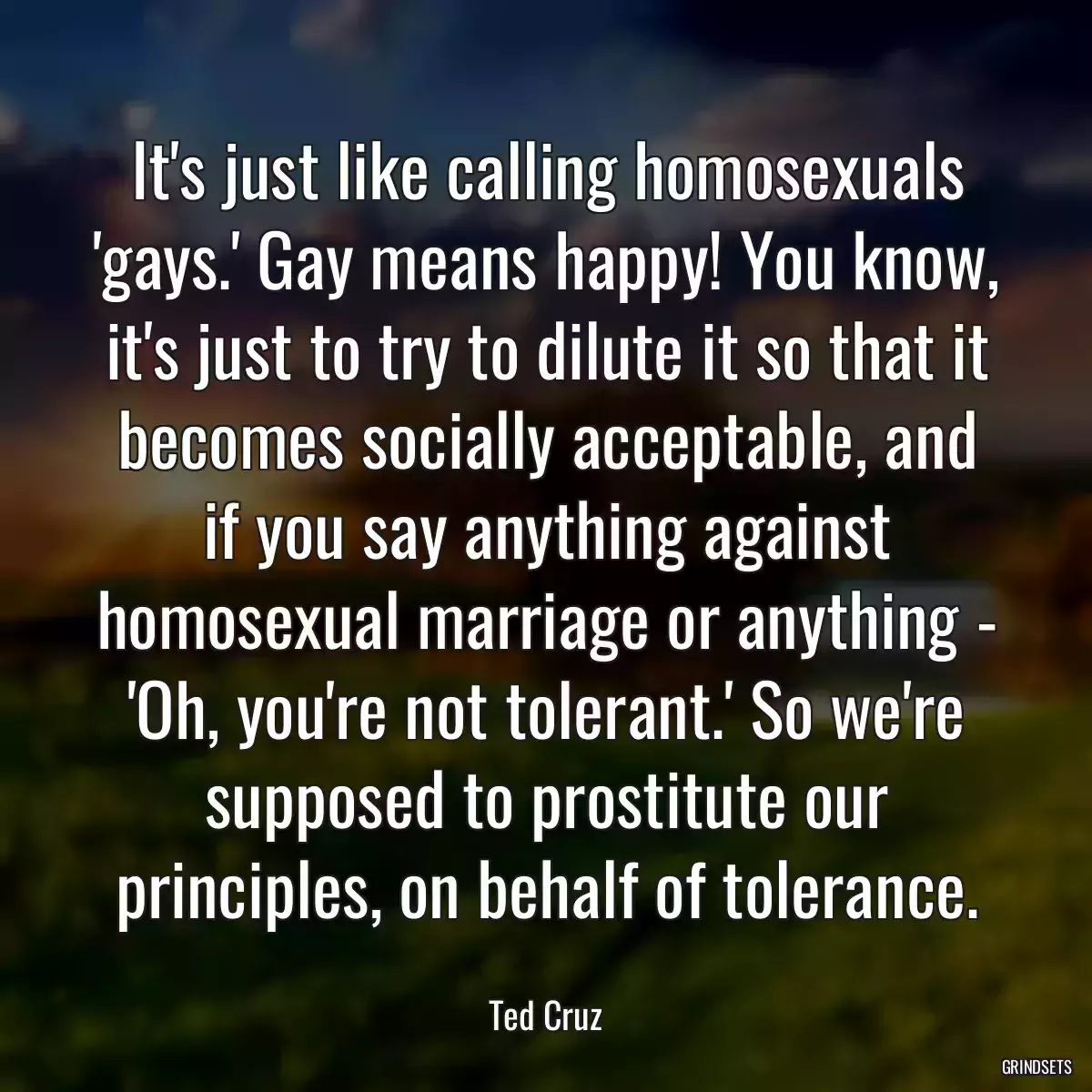 It\'s just like calling homosexuals \'gays.\' Gay means happy! You know, it\'s just to try to dilute it so that it becomes socially acceptable, and if you say anything against homosexual marriage or anything - \'Oh, you\'re not tolerant.\' So we\'re supposed to prostitute our principles, on behalf of tolerance.