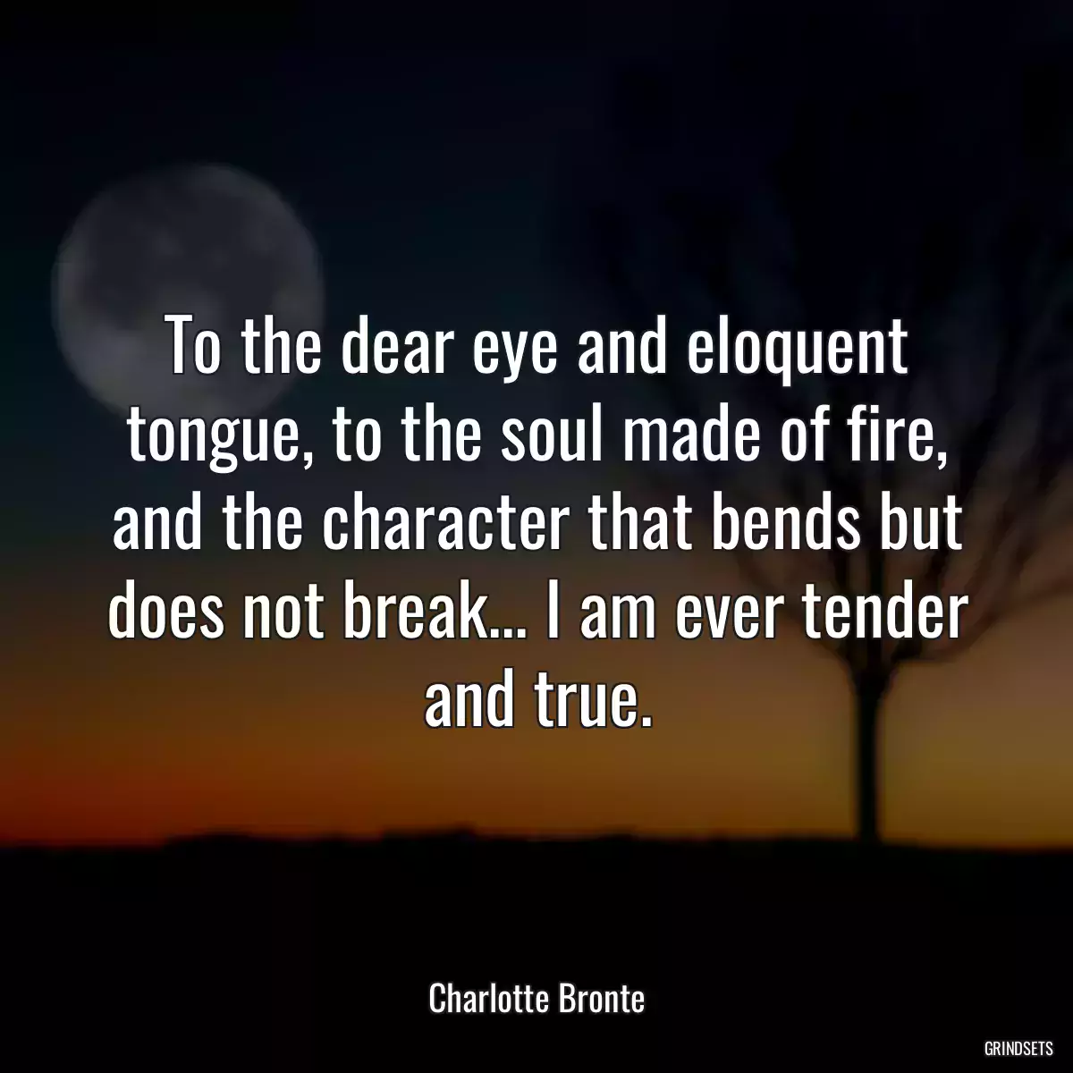 To the dear eye and eloquent tongue, to the soul made of fire, and the character that bends but does not break... I am ever tender and true.