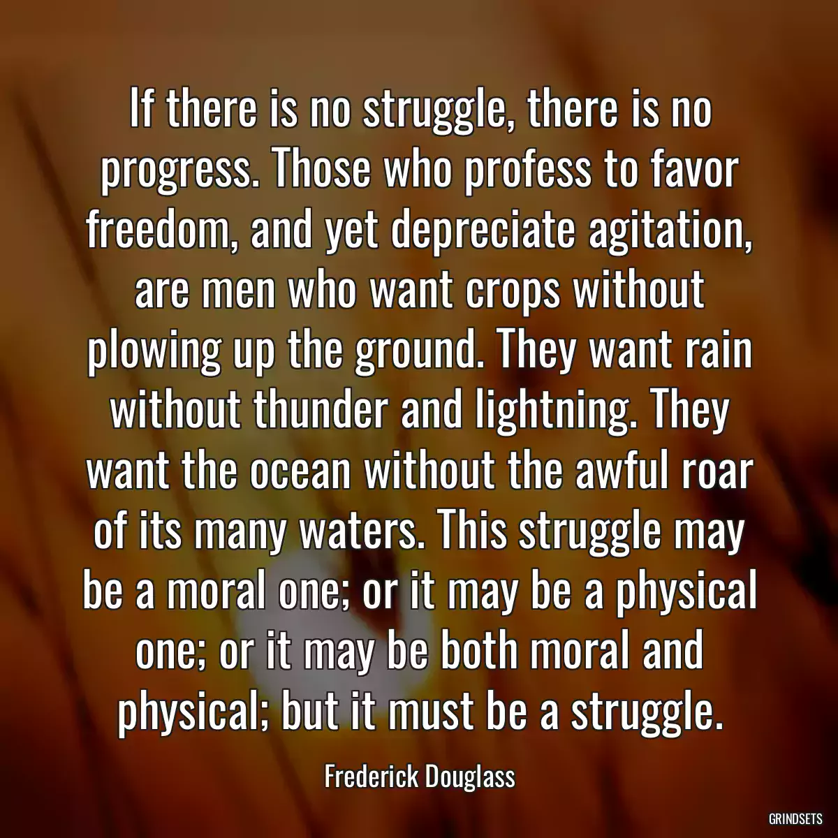 If there is no struggle, there is no progress. Those who profess to favor freedom, and yet depreciate agitation, are men who want crops without plowing up the ground. They want rain without thunder and lightning. They want the ocean without the awful roar of its many waters. This struggle may be a moral one; or it may be a physical one; or it may be both moral and physical; but it must be a struggle.