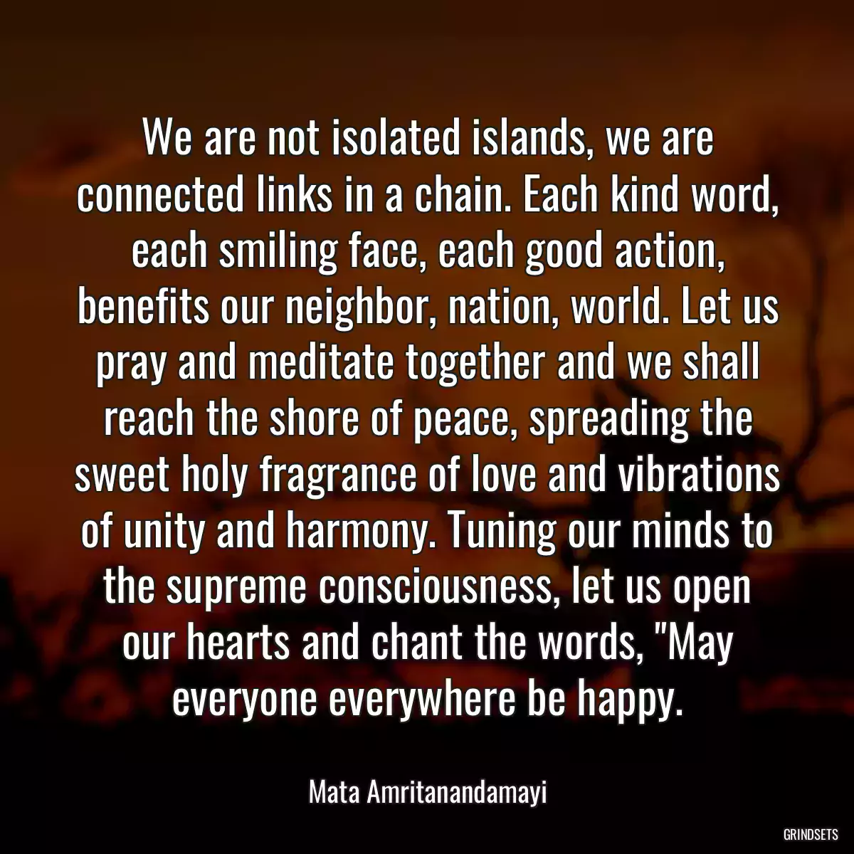 We are not isolated islands, we are connected links in a chain. Each kind word, each smiling face, each good action, benefits our neighbor, nation, world. Let us pray and meditate together and we shall reach the shore of peace, spreading the sweet holy fragrance of love and vibrations of unity and harmony. Tuning our minds to the supreme consciousness, let us open our hearts and chant the words, \