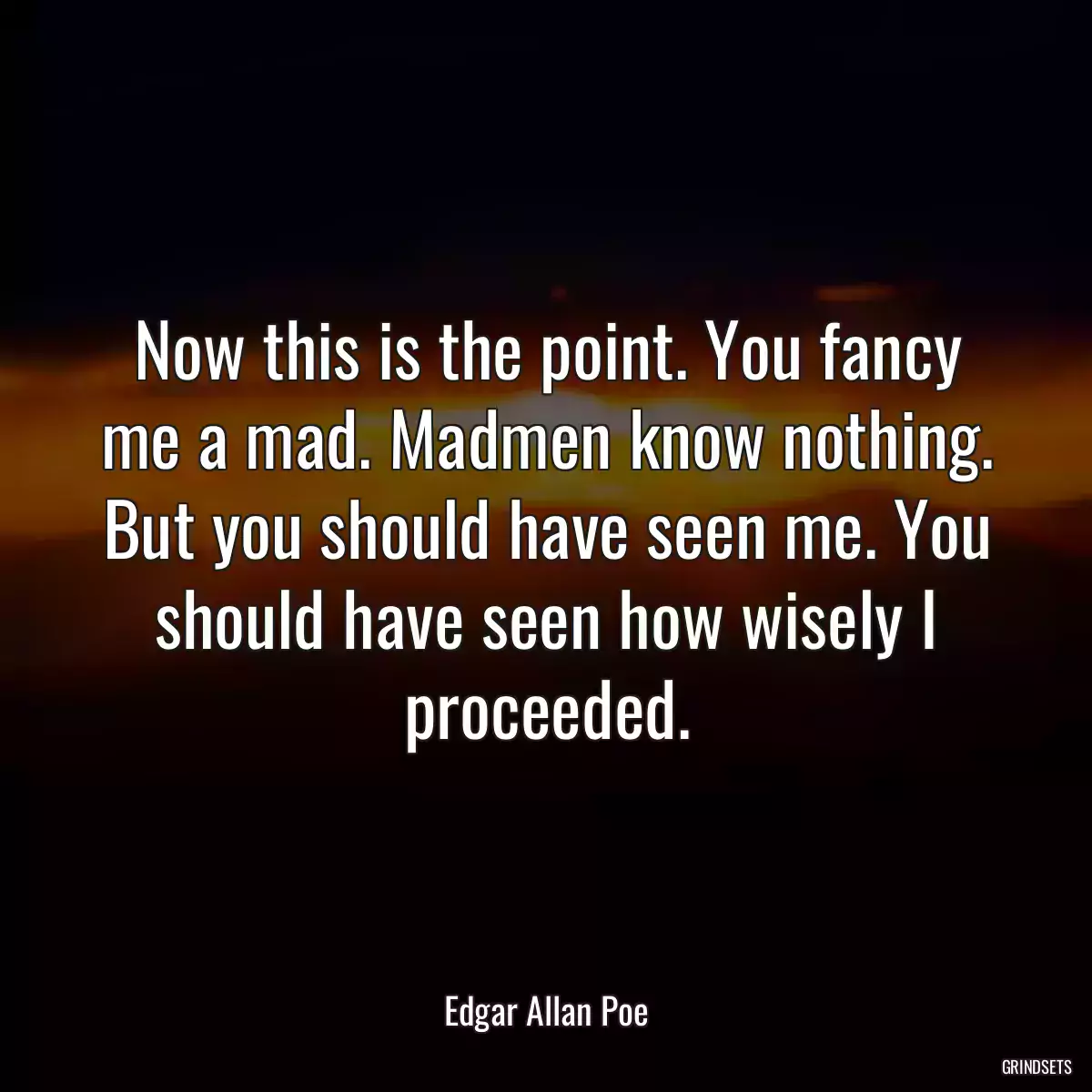 Now this is the point. You fancy me a mad. Madmen know nothing. But you should have seen me. You should have seen how wisely I proceeded.