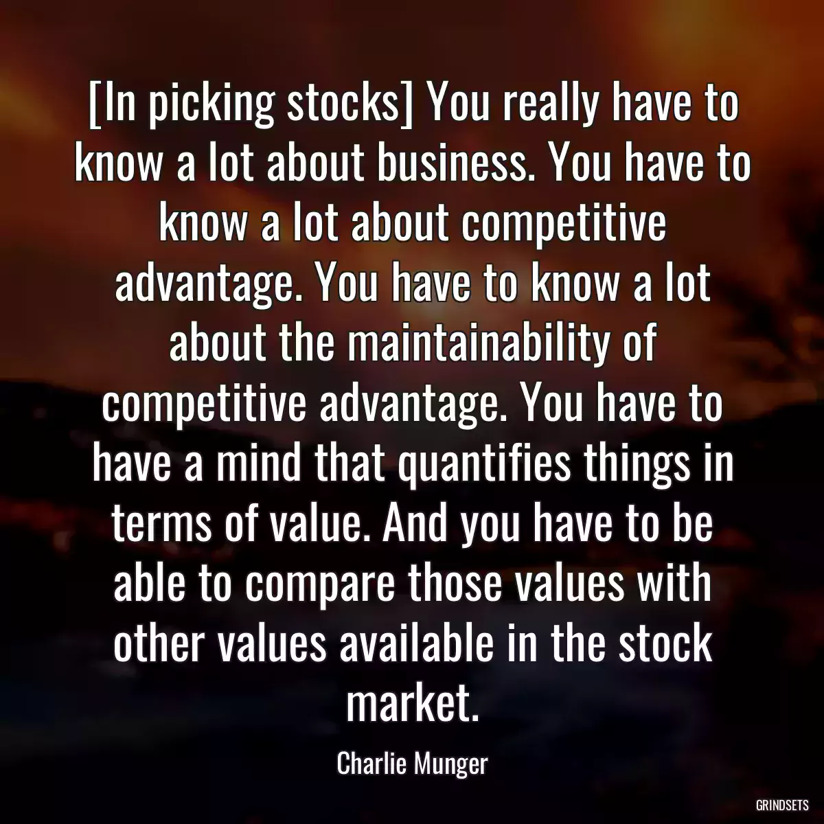 [In picking stocks] You really have to know a lot about business. You have to know a lot about competitive advantage. You have to know a lot about the maintainability of competitive advantage. You have to have a mind that quantifies things in terms of value. And you have to be able to compare those values with other values available in the stock market.