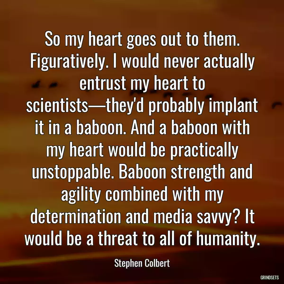 So my heart goes out to them. Figuratively. I would never actually entrust my heart to scientists—they\'d probably implant it in a baboon. And a baboon with my heart would be practically unstoppable. Baboon strength and agility combined with my determination and media savvy? It would be a threat to all of humanity.