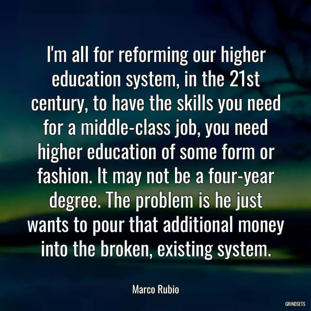 I\'m all for reforming our higher education system, in the 21st century, to have the skills you need for a middle-class job, you need higher education of some form or fashion. It may not be a four-year degree. The problem is he just wants to pour that additional money into the broken, existing system.