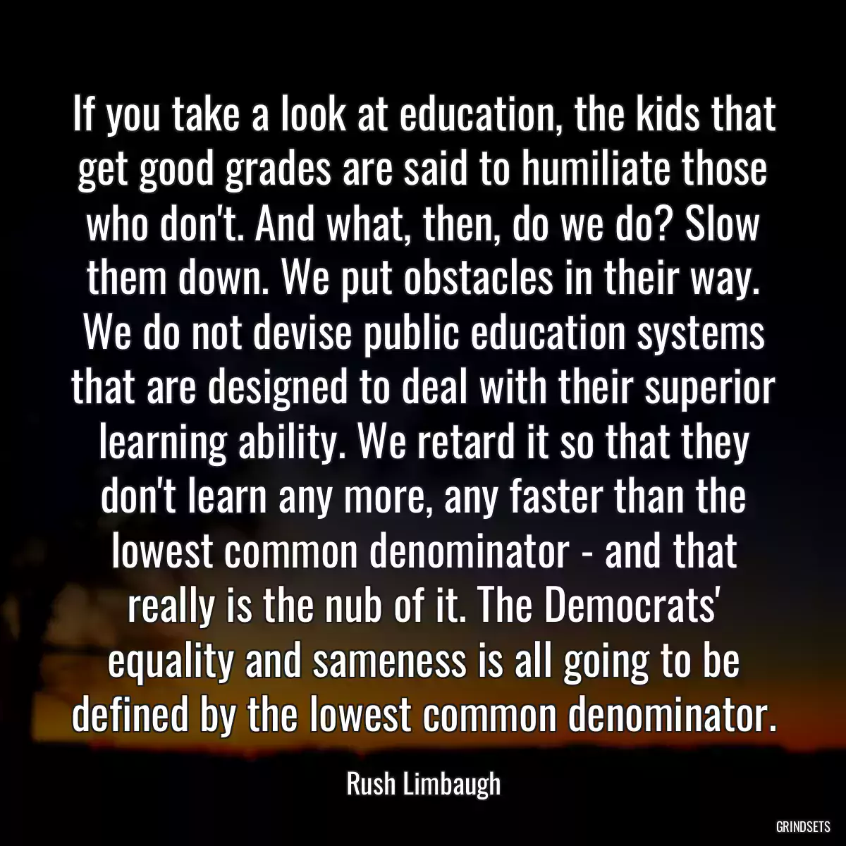 If you take a look at education, the kids that get good grades are said to humiliate those who don\'t. And what, then, do we do? Slow them down. We put obstacles in their way. We do not devise public education systems that are designed to deal with their superior learning ability. We retard it so that they don\'t learn any more, any faster than the lowest common denominator - and that really is the nub of it. The Democrats\' equality and sameness is all going to be defined by the lowest common denominator.