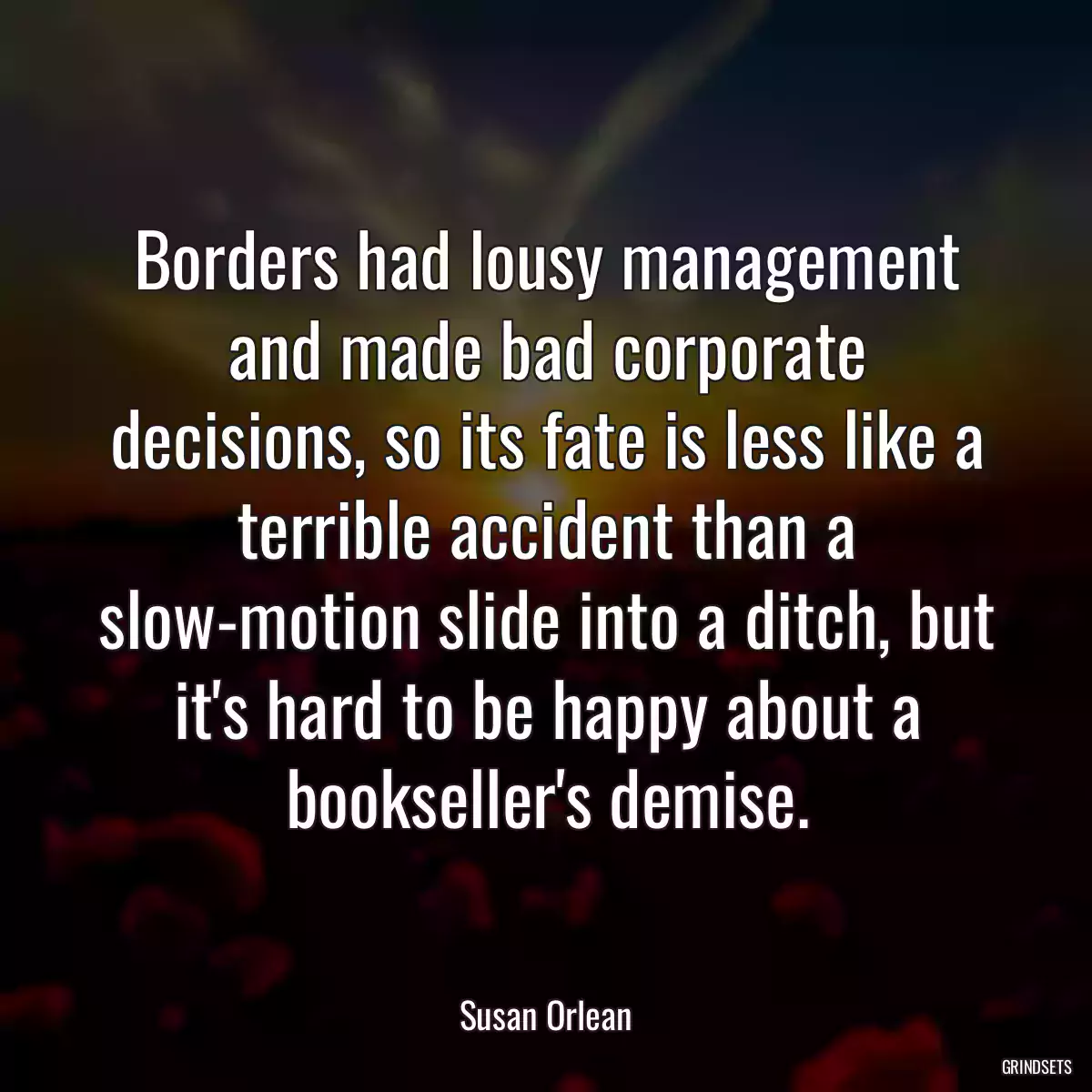 Borders had lousy management and made bad corporate decisions, so its fate is less like a terrible accident than a slow-motion slide into a ditch, but it\'s hard to be happy about a bookseller\'s demise.